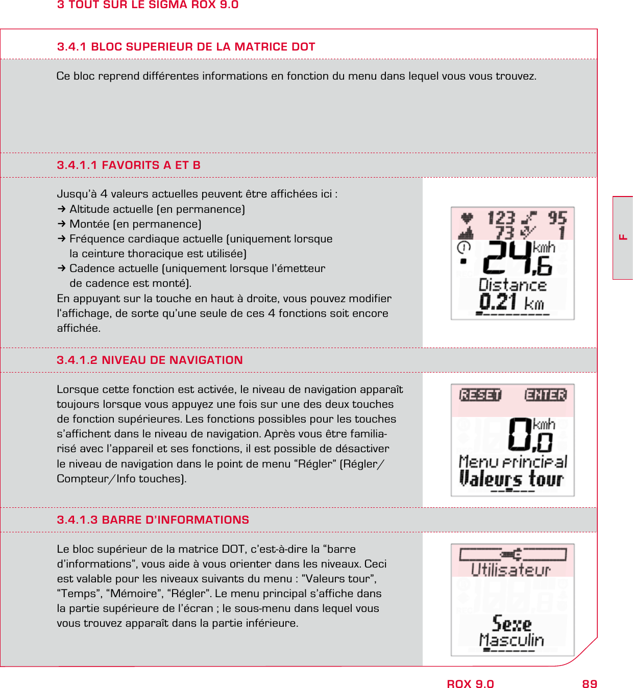 89FROX 9.03 TOUT SUR LE SIGMA ROX 9.0Ce bloc reprend différentes informations en fonction du menu dans lequel vous vous trouvez.3.4.1 BLOC SUPERIEUR DE LA MATRICE DOT3.4.1.1 FAVORITS A ET BJusqu’à 4 valeurs actuelles peuvent être affichées ici :3Altitude actuelle (en permanence)3Montée (en permanence)3Fréquence cardiaque actuelle (uniquement lorsque   la ceinture thoracique est utilisée)3Cadence actuelle (uniquement lorsque l’émetteur   de cadence est monté).En appuyant sur la touche en haut à droite, vous pouvez modifier l‘affichage, de sorte qu’une seule de ces 4 fonctions soit encore affichée.3.4.1.2 NIVEAU DE NAVIGATIONLorsque cette fonction est activée, le niveau de navigation apparaît toujours lorsque vous appuyez une fois sur une des deux touches de fonction supérieures. Les fonctions possibles pour les touches s’affichent dans le niveau de navigation. Après vous être familia-risé avec l’appareil et ses fonctions, il est possible de désactiver le niveau de navigation dans le point de menu “Régler” (Régler/ Compteur/Info touches).3.4.1.3 BARRE D’INFORMATIONSLe bloc supérieur de la matrice DOT, c’est-à-dire la “barre d’informations”, vous aide à vous orienter dans les niveaux. Ceci est valable pour les niveaux suivants du menu : “Valeurs tour”,  “Temps”, “Mémoire”, “Régler”. Le menu principal s’affiche dans  la partie supérieure de l’écran ; le sous-menu dans lequel vous vous trouvez apparaît dans la partie inférieure.
