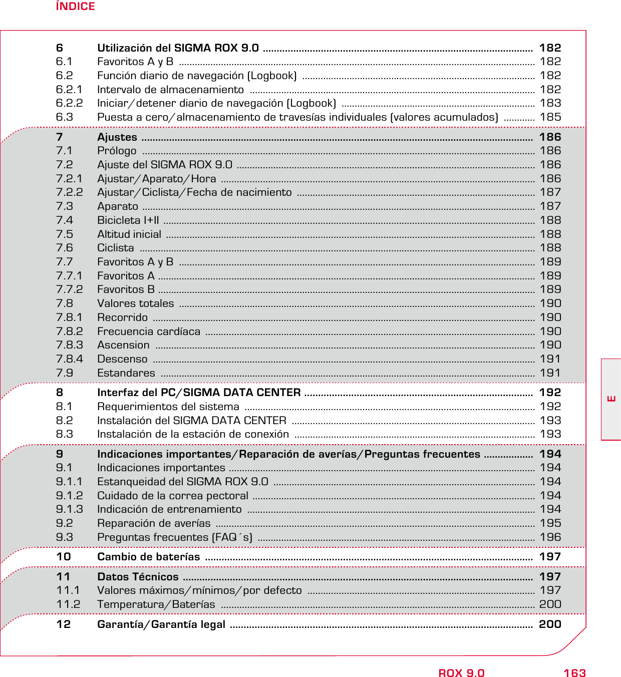 163EROX 9.0ÍNDICE6   Utilización del SIGMA ROX 9.0  ..................................................................................................  1826.1  Favoritos A y B  ........................................................................................................................................ 1826.2  Función diario de navegación (Logbook)  ......................................................................................... 1826.2.1  Intervalo de almacenamiento  ............................................................................................................. 1826.2.2  Iniciar/detener diario de navegación (Logbook)  .......................................................................... 1836.3  Puesta a cero/almacenamiento de travesías individuales (valores acumulados)  ............ 1857       Ajustes  ..............................................................................................................................................  1867.1 Prólogo  ...................................................................................................................................................... 1867.2  Ajuste del SIGMA ROX 9.0  .................................................................................................................. 1867.2.1 Ajustar/Aparato/Hora  ........................................................................................................................ 1867.2.2  Ajustar/Ciclista/Fecha de nacimiento  ........................................................................................... 1877.3 Aparato  ...................................................................................................................................................... 1877.4  Bicicleta I+II  .............................................................................................................................................. 1887.5  Altitud inicial  ............................................................................................................................................. 1887.6 Ciclista  ....................................................................................................................................................... 1887.7  Favoritos A y B  ........................................................................................................................................ 1897.7.1  Favoritos A  ................................................................................................................................................ 1897.7.2 Favoritos B ................................................................................................................................................ 1897.8       Valores totales  ........................................................................................................................................ 1907.8.1 Recorrido  .................................................................................................................................................. 1907.8.2  Frecuencia cardíaca  .............................................................................................................................. 1907.8.3 Ascension  ................................................................................................................................................. 1907.8.4 Descenso  .................................................................................................................................................. 1917.9       Estandares  ............................................................................................................................................... 1918   Interfaz del PC/SIGMA DATA CENTER  ...................................................................................  1928.1  Requerimientos del sistema  ............................................................................................................... 1928.2  Instalación del SIGMA DATA CENTER  ............................................................................................. 1938.3  Instalación de la estación de conexión  ............................................................................................ 1939   Indicaciones importantes/Reparación de averías/Preguntas frecuentes ..................  1949.1  Indicaciones importantes  ..................................................................................................................... 1949.1.1  Estanqueidad del SIGMA ROX 9.0  .................................................................................................... 1949.1.2  Cuidado de la correa pectoral  ............................................................................................................ 1949.1.3  Indicación de entrenamiento  .............................................................................................................. 1949.2  Reparación de averías  .......................................................................................................................... 1959.3  Preguntas frecuentes (FAQ´s)  .......................................................................................................... 19610  Cambio de baterías  .......................................................................................................................  19711  Datos Técnicos  ...............................................................................................................................  19711.1  Valores máximos/mínimos/por defecto  ....................................................................................... 19711.2 Temperatura/Baterías  ........................................................................................................................ 20012  Garantía/Garantía legal  ..............................................................................................................  200
