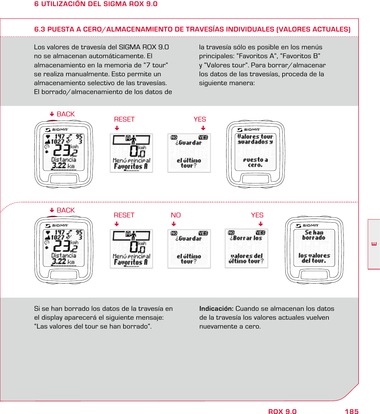 185EROX 9.06 UTILIZACIÓN DEL SIGMA ROX 9.06.3 PUESTA A CERO/ALMACENAMIENTO DE TRAVESÍAS INDIVIDUALES (VALORES ACTUALES)YESRESETLos valores de travesía del SIGMA ROX 9.0  no se almacenan automáticamente. El  almacenamiento en la memoria de “7 tour”  se realiza manualmente. Esto permite un almacenamiento selectivo de las travesías.  El borrado/almacenamiento de los datos de la travesía sólo es posible en los menús  principales: “Favoritos A”, “Favoritos B”  y “Valores tour”. Para borrar/almacenar  los datos de las travesías, proceda de la siguiente manera:Si se han borrado los datos de la travesía en el display aparecerá el siguiente mensaje:  “Las valores del tour se han borrado”.Indicación: Cuando se almacenan los datos de la travesía los valores actuales vuelven nuevamente a cero.RESET BACKNOYES BACK