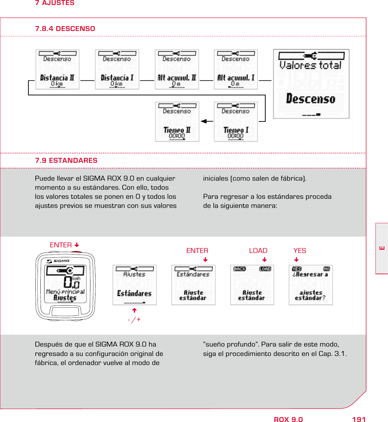 191EROX 9.07 AJUSTES7.8.4 DESCENSO7.9 ESTANDARESPuede llevar el SIGMA ROX 9.0 en cualquier momento a su estándares. Con ello, todos los valores totales se ponen en 0 y todos los ajustes previos se muestran con sus valores 6- /+ENTERiniciales (como salen de fábrica).Para regresar a los estándares proceda  de la siguiente manera:ENTER Después de que el SIGMA ROX 9.0 ha  regresado a su configuración original de  fábrica, el ordenador vuelve al modo de  “sueño profundo”. Para salir de este modo, siga el procedimiento descrito en el Cap. 3.1.LOADYES