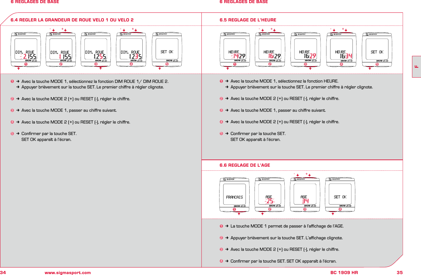 34 www.sigmasport.com35FBC 1909 HR6 REGLAGES DE BASE 6 REGLAGES DE BASE6.4 REGLER LA GRANDEUR DE ROUE VELO 1 OU VELO 21k Avec la touche MODE 1, sélectionnez la fonction DIM ROUE 1/ DIM ROUE 2.kAppuyer brièvement sur la touche SET. Le premier chiﬀre à régler clignote.2k Avec la touche MODE 2 (+) ou RESET (-), régler le chiﬀre.3k Avec la touche MODE 1, passer au chiﬀre suivant.4k Avec la touche MODE 2 (+) ou RESET (-), régler le chiﬀre.5k Conﬁrmer par la touche SET.    SET OK apparaît à l‘écran.nnnnn nn- -+ +1909 1909 1909 1909 1909123 4 51k Avec la touche MODE 1, sélectionnez la fonction HEURE.kAppuyer brièvement sur la touche SET. Le premier chiﬀre à régler clignote.2k Avec la touche MODE 2 (+) ou RESET (-), régler le chiﬀre.3k Avec la touche MODE 1, passer au chiﬀre suivant.4k Avec la touche MODE 2 (+) ou RESET (-), régler le chiﬀre.5k Conﬁrmer par la touche SET.    SET OK apparaît à l‘écran.6.5 REGLAGE DE L‘HEUREnnnnn nn- -+ +1909 1909 1909 1909 19091234 56.6 REGLAGE DE L‘AGEn n1k La touche MODE 1 permet de passer à l‘aﬃchage de l‘AGE.2k Appuyer brièvement sur la touche SET. L‘aﬃchage clignote.3k Avec la touche MODE 2 (+) ou RESET (-), régler le chiﬀre.4k Conﬁrmer par la touche SET. SET OK apparaît à l‘écran.n n- +1909 1909 190923 4n19091