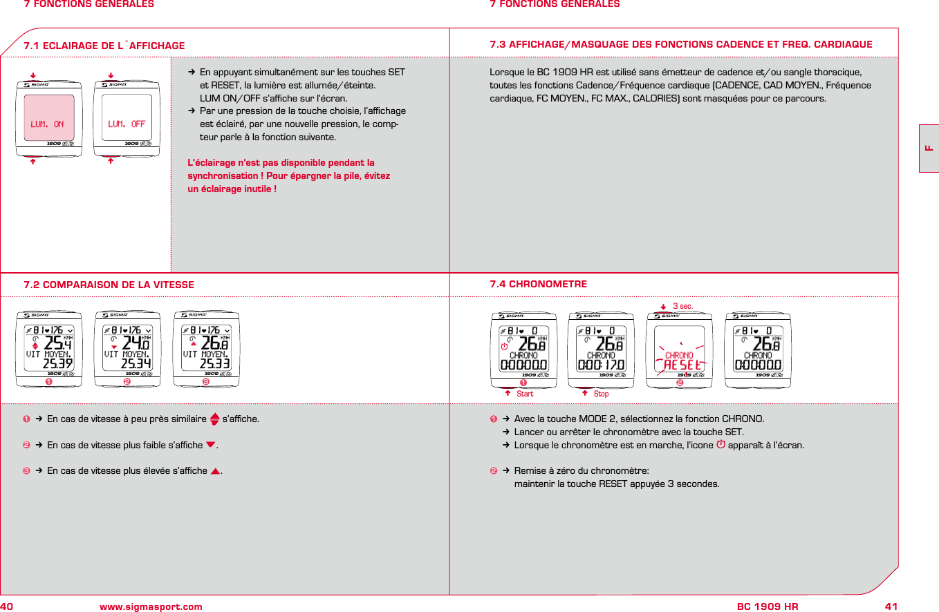 40 www.sigmasport.com41FBC 1909 HR7 FONCTIONS GENERALES 7 FONCTIONS GENERALESkEn appuyant simultanément sur les touches SET   et RESET, la lumière est allumée/éteinte.   LUM ON/OFF s‘aﬃche sur l‘écran.kPar une pression de la touche choisie, l‘aﬃchage   est éclairé, par une nouvelle pression, le comp-   teur parle à la fonction suivante.L‘éclairage n‘est pas disponible pendant la  synchronisation ! Pour épargner la pile, évitez  un éclairage inutile !7.2 COMPARAISON DE LA VITESSE7.1 ECLAIRAGE DE LAFFICHAGEnnnn1k Avec la touche MODE 2, sélectionnez la fonction CHRONO.kLancer ou arrêter le chronomètre avec la touche SET. kLorsque le chronomètre est en marche, l‘icone   apparaît à l‘écran.2k Remise à zéro du chronomètre:     maintenir la touche RESET appuyée 3 secondes.n nn3 sec.7.4 CHRONOMETREStart Stop1909 19091909 1909 19091231909 1909 1909 1909127.3 AFFICHAGE/MASQUAGE DES FONCTIONS CADENCE ET FREQ. CARDIAQUELorsque le BC 1909 HR est utilisé sans émetteur de cadence et/ou sangle thoracique, toutes les fonctions Cadence/Fréquence cardiaque (CADENCE, CAD MOYEN., Fréquence cardiaque, FC MOYEN., FC MAX., CALORIES) sont masquées pour ce parcours.1k En cas de vitesse à peu près similaire   s‘aﬃche.2k En cas de vitesse plus faible s‘aﬃche  .3k En cas de vitesse plus élevée s‘aﬃche  .