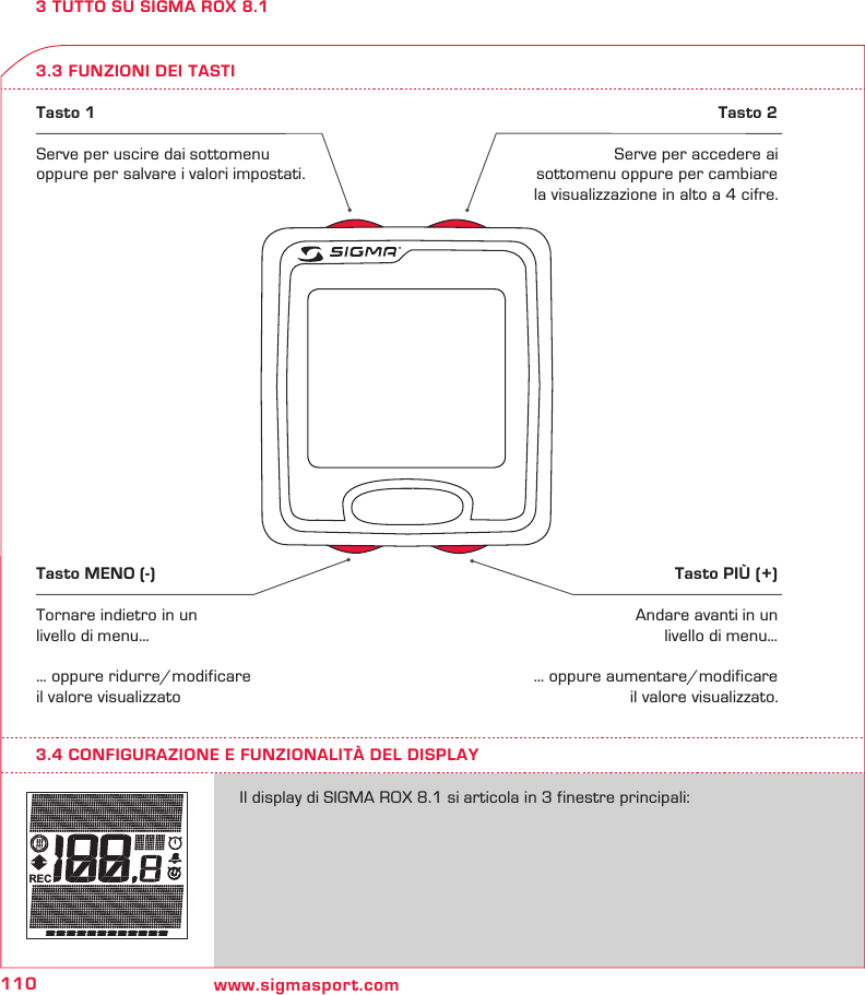 110 www.sigmasport.comREC3 TUTTO SU SIGMA ROX 8.13.3 FUNZIONI DEI TASTITasto 1Serve per uscire dai sottomenu oppure per salvare i valori impostati.Tasto 2Serve per accedere ai sottomenu oppure per cambiare la visualizzazione in alto a 4 cifre.Tasto MENO (-)Tornare indietro in un livello di menu…… oppure ridurre/modificare il valore visualizzatoTasto PIÙ (+)Andare avanti in un livello di menu…… oppure aumentare/modificare il valore visualizzato.Il display di SIGMA ROX 8.1 si articola in 3 finestre principali:3.4 CONFIGURAZIONE E FUNZIONALITÀ DEL DISPLAY