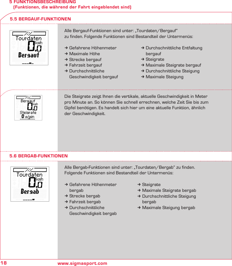 18 www.sigmasport.com5 FUNKTIONSBESCHREIBUNG    (Funktionen, die während der Fahrt eingeblendet sind)5.6 BERGAB-FUNKTIONENAlle Bergab-Funktionen sind unter: „Tourdaten/Bergab“ zu finden.  Folgende Funktionen sind Bestandteil der Untermenüs:k Gefahrene Höhenmeter   bergabk Strecke bergabk Fahrzeit bergabk Durchschnittliche    Geschwindigkeit bergab5.5 BERGAUF-FUNKTIONENAlle Bergauf-Funktionen sind unter: „Tourdaten/Bergauf“  zu finden. Folgende Funktionen sind Bestandteil der Untermenüs:k Gefahrene Höhenmeterk Maximale Höhek Strecke bergaufk Fahrzeit bergaufk Durchschnittliche    Geschwindigkeit bergaufDie Steigrate zeigt Ihnen die vertikale, aktuelle Geschwindigkeit in Meter pro Minute an. So können Sie schnell errechnen, welche Zeit Sie bis zum Gipfel benötigen. Es handelt sich hier um eine aktuelle Funktion, ähnlich der Geschwindigkeit.k Durchschnittliche Entfaltung   bergaufk Steigratek Maximale Steigrate bergaufk Durchschnittliche Steigungk Maximale Steigungk Steigratek Maximale Steigrate bergabk Durchschnittliche Steigung   bergabk Maximale Steigung bergab
