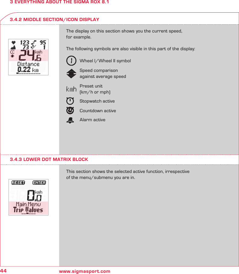 44 www.sigmasport.com3 EVERYTHING ABOUT THE SIGMA ROX 8.1The display on this section shows you the current speed,  for example. The following symbols are also visible in this part of the display:   Wheel I/Wheel II symbol  Speed comparison   against average speed  Preset unit   (km/h or mph)  Stopwatch active  Countdown active  Alarm activeThis section shows the selected active function, irrespective  of the menu/submenu you are in.3.4.2 MIDDLE SECTION/ICON DISPLAY3.4.3 LOWER DOT MATRIX BLOCK