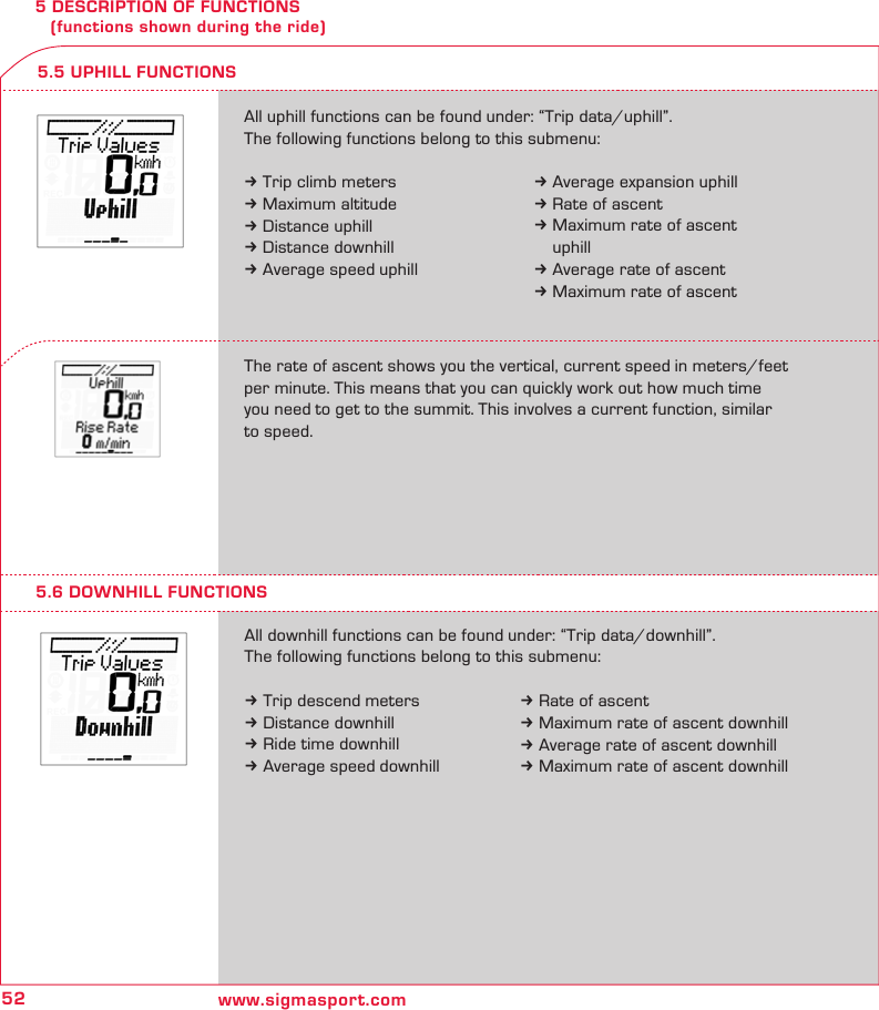 52 www.sigmasport.com5 DESCRIPTION OF FUNCTIONS    (functions shown during the ride)5.6 DOWNHILL FUNCTIONSAll downhill functions can be found under: “Trip data/downhill”.The following functions belong to this submenu:k Trip descend metersk Distance downhillk Ride time downhillk Average speed downhill5.5 UPHILL FUNCTIONSAll uphill functions can be found under: “Trip data/uphill”.  The following functions belong to this submenu:k Trip climb metersk Maximum altitudek Distance uphillk Distance downhillk Average speed uphillThe rate of ascent shows you the vertical, current speed in meters/feet per minute. This means that you can quickly work out how much time you need to get to the summit. This involves a current function, similar to speed.k Average expansion uphillk Rate of ascentk Maximum rate of ascent   uphillk Average rate of ascent k Maximum rate of ascent k Rate of ascentk Maximum rate of ascent downhillk Average rate of ascent downhillk Maximum rate of ascent downhill