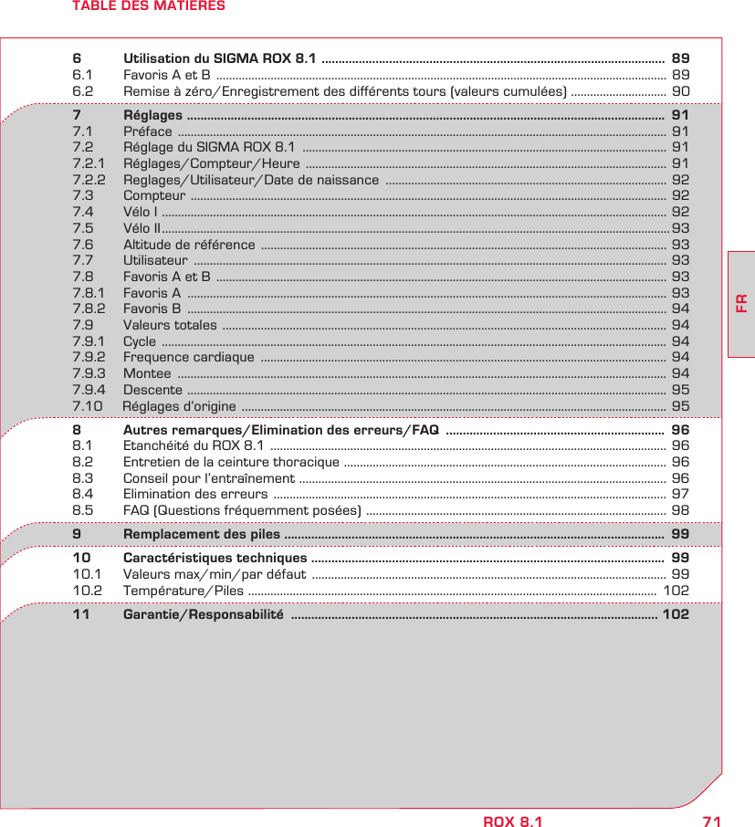 71FRROX 8.1TABLE DES MATIERES6   Utilisation du SIGMA ROX 8.1  ......................................................................................................  896.1  Favoris A et B  ............................................................................................................................................. 896.2  Remise à zéro/Enregistrement des différents tours (valeurs cumulées)  .............................. 907       Réglages  ..............................................................................................................................................  917.1 Préface  .........................................................................................................................................................  917.2  Réglage du SIGMA ROX 8.1  .................................................................................................................. 917.2.1 Réglages/Compteur/Heure  .................................................................................................................  917.2.2  Reglages/Utilisateur/Date de naissance  ........................................................................................ 927.3 Compteur  .....................................................................................................................................................  927.4  Vélo I  .............................................................................................................................................................. 927.5  Vélo II ............................................................................................................................................................... 937.6  Altitude de référence  ...............................................................................................................................  937.7 Utilisateur  .................................................................................................................................................... 937.8  Favoris A et B  ............................................................................................................................................. 937.8.1  Favoris A  ...................................................................................................................................................... 937.8.2  Favoris B  ...................................................................................................................................................... 947.9        Valeurs totales  ...........................................................................................................................................  947.9.1 Cycle  .............................................................................................................................................................. 947.9.2  Frequence cardiaque  ............................................................................................................................... 947.9.3 Montee  ......................................................................................................................................................... 947.9.4 Descente  ......................................................................................................................................................  957.10     Réglages d‘origine  .....................................................................................................................................  958   Autres remarques/Elimination des erreurs/FAQ  .................................................................  968.1  Etanchéité du ROX 8.1  ............................................................................................................................  968.2  Entretien de la ceinture thoracique  ..................................................................................................... 968.3  Conseil pour l’entraînement  ................................................................................................................... 968.4  Elimination des erreurs  ...........................................................................................................................  978.5  FAQ (Questions fréquemment posées)  ..............................................................................................  989   Remplacement des piles .................................................................................................................  9910  Caractéristiques techniques .........................................................................................................  9910.1  Valeurs max/min/par défaut  ............................................................................................................... 9910.2 Température/Piles  ................................................................................................................................ 10211 Garantie/Responsabilité  ............................................................................................................. 102