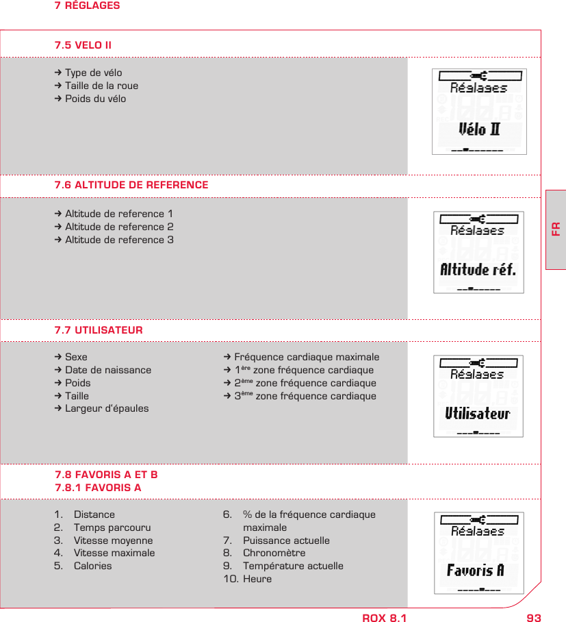 93FRROX 8.17 RÉGLAGES7.7 UTILISATEUR7.6 ALTITUDE DE REFERENCE7.8 FAVORIS A ET B7.8.1 FAVORIS Ak Sexek Date de naissancek Poidsk Taillek Largeur d‘épaules1.  Distance2.   Temps parcouru3.   Vitesse moyenne4.   Vitesse maximale5.   Caloriesk Altitude de reference 1k Altitude de reference 2k Altitude de reference 3k Fréquence cardiaque maximalek 1ère zone fréquence cardiaquek 2ème zone fréquence cardiaquek 3ème zone fréquence cardiaque6.   % de la fréquence cardiaque   maximale7.  Puissance actuelle8.  Chronomètre9.  Température actuelle10. Heurek Type de vélok Taille de la rouek Poids du vélo7.5 VELO II