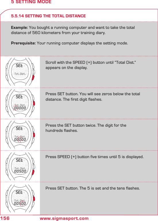 156 www.sigmasport.com5.5.14 SETTING THE TOTAL DISTANCE5 SETTING MODEExample: You bought a running computer and want to take the total distance of 560 kilometers from your training diary. Prerequisite: Your running computer displays the setting mode.Scroll with the SPEED (+) button until “Total Dist.” appears on the display.Press SET button. You will see zeros below the total distance. The first digit flashes.Press the SET button twice. The digit for the  hundreds flashes.Press SPEED (+) button five times until 5 is displayed.Press SET button. The 5 is set and the tens flashes.