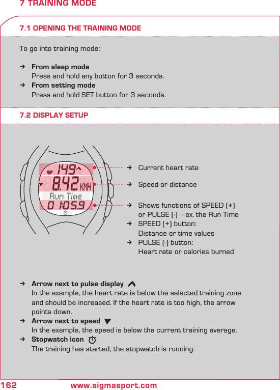 162 www.sigmasport.com7.1 OPENING THE TRAINING MODETo go into training mode:From sleep mode  k  Press and hold any button for 3 seconds.From setting mode  k  Press and hold SET button for 3 seconds.7 TRAINING MODE7.2 DISPLAY SETUPArrow next to pulse display  k   In the example, the heart rate is below the selected training zone    and should be increased. If the heart rate is too high, the arrow      points down.Arrow next to speed k   In the example, the speed is below the current training average.Stopwatch icon k   The training has started, the stopwatch is running.Current heart rate kSpeed or distance kShows functions of SPEED (+)   k   or PULSE (-)  - ex. the Run TimeSPEED (+) button:   k  Distance or time values PULSE (-) button:   k  Heart rate or calories burned