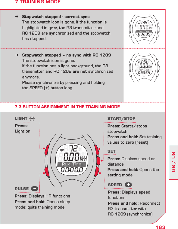 163GB / US7 TRAINING MODE7.3 BUTTON ASSIGNMENT IN THE TRAINING MODE START/STOPPress: Starts/stops  stopwatchPress and hold: Set training values to zero (reset)SETPress: Displays speed or distancePress and hold: Opens the setting modeLIGHTPress:  Light onPULSE Press: Displays HR functionsPress and hold: Opens sleep mode; quits training modeSPEEDPress: Displays speed functions.Press and hold: Reconnect  R3 transmitter with  RC 1209 (synchronize)Stopwatch stopped - correct sync k  The stopwatch icon is gone. If the function is    highlighted in grey, the R3 transmitter and    RC 1209 are synchronized and the stopwatch    has stopped.Stopwatch stopped – no sync  with RC 1209 k  The stopwatch icon is gone.  If the function has a light background, the R3    transmitter and RC 1209 are not synchronized    anymore.    Please synchronize by pressing and holding    the SPEED (+) button long.