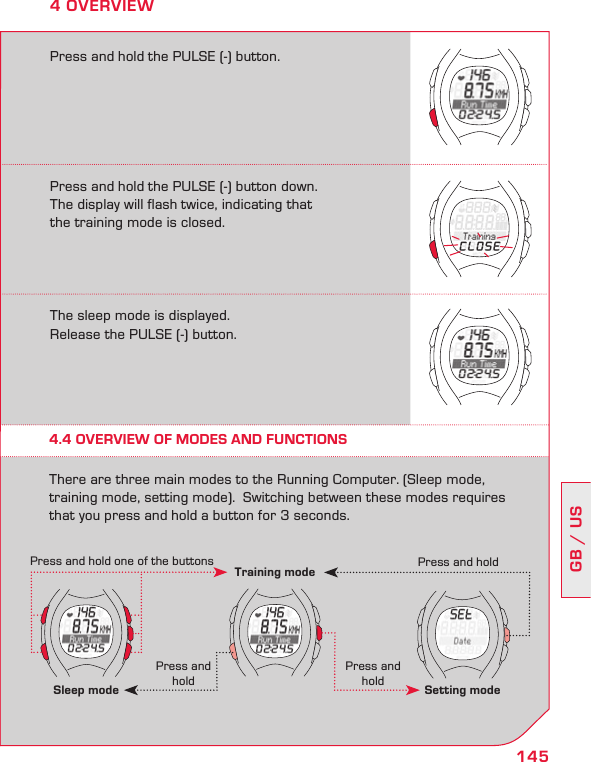 145GB / US4 OVERVIEW4.4 OVERVIEW OF MODES AND FUNCTIONSThere are three main modes to the Running Computer. (Sleep mode, training mode, setting mode).  Switching between these modes requires that you press and hold a button for 3 seconds.  Sleep mode Setting modePress and hold one of the buttons Press and holdTraining modePress and holdPress and holdPress and hold the PULSE (-) button down.  The display will flash twice, indicating that  the training mode is closed.Press and hold the PULSE (-) button.The sleep mode is displayed.  Release the PULSE (-) button.