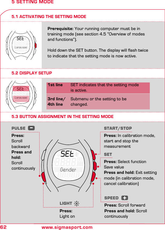 62 www.sigmasport.com5 SETTING MODE5.1 ACTIVATING THE SETTING MODEPrerequisite: Your running computer must be in  training mode (see section 4.5 “Overview of modes and functions”).  Hold down the SET button. The display will flash twice to indicate that the setting mode is now active.5.2 DISPLAY SETUP5.3 BUTTON ASSIGNMENT IN THE SETTING MODE1st line  SET indicates that the setting mode    is active.3rd line/  Submenu or the setting to be 4th line changed.START/STOPPress: In calibration mode, start and stop the  measurementSETPress: Select function  Save valuePress and hold: Exit setting mode (in calibration mode,  cancel calibration)LIGHTPress:  Light onPULSE Press: Scroll  backwardPress and  hold:  Scroll continuouslySPEEDPress: Scroll forwardPress and hold: Scroll  continuously