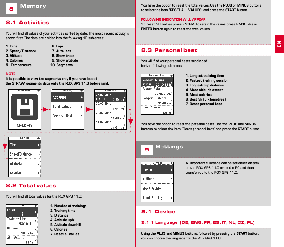 16 178Memory8.1 ActivitiesYou will find all values of your activities sorted by date. The most recent activity is shown first. The data are divided into the following 10 sub-areas:1. Time   2. Speed/Distance3. Altitude4. Calories5.  Temperature  6. Laps  7. Auto laps   8. Show track  9. Show altitude10. SegmentsNOTEIt is possible to view the segments only if you have loadedthe STRAVA segments data onto the ROX GPS 11.0 beforehand.8.2  Total valuesYou will find all total values for the ROX GPS 11.0:1. Number of trainings  2. Training time3. Distance      4. Altitude uphill5. Altitude downhill6. Calories7. Reset all valuesYou have the option to reset the total values. Use the PLUS or MINUS buttons to select the item ‘RESET ALL VALUES‘ and press the START button.FOLLOWING INDICATION WILL APPEAR:‘To reset ALL values press ENTER. To retain the values press BACK‘. Press ENTER button again to reset the total values.8.3  Personal bestYou will find your personal bests subdividedfor the following sub-areas:1. Longest training time 2. Fastest training session3. Longest trip distance   4. Most altitude ascent5. Most calories 6. Best 5k (5 kilometres)7. Reset personal bestYou have the option to reset the personal bests. Use the PLUS and MINUS buttons to select the item “Reset personal best” and press the START button.9SettingsAll important functions can be set either directly on the ROX GPS 11.0 or on the PC and then transferred to the ROX GPS 11.0.9.1 Device9.1.1 Language  (DE, ENG, FR, ES, IT, NL, CZ, PL)Using the PLUS and MINUS buttons, followed by pressing the START button, you can choose the language for the ROX GPS 11.0.EN
