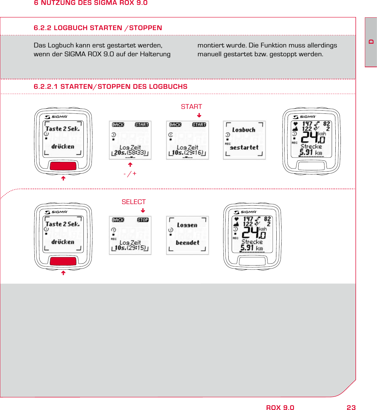 23DROX 9.06 NUTZUNG DES SIGMA ROX 9.0Das Logbuch kann erst gestartet werden, wenn der SIGMA ROX 9.0 auf der Halterung montiert wurde. Die Funktion muss allerdings manuell gestartet bzw. gestoppt werden.6.2.2 LOGBUCH STARTEN /STOPPEN6- /+START6.2.2.1 STARTEN/STOPPEN DES LOGBUCHSSELECT66