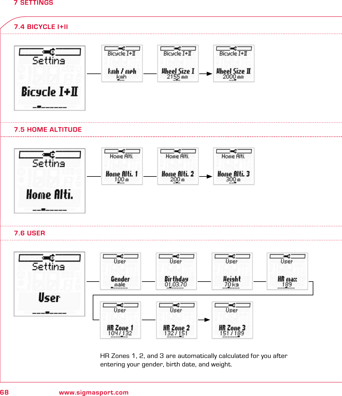 68 www.sigmasport.com7 SETTINGS7.5 HOME ALTITUDE7.4 BICYCLE I+II7.6 USERHR Zones 1, 2, and 3 are automatically calculated for you after  entering your gender, birth date, and weight.