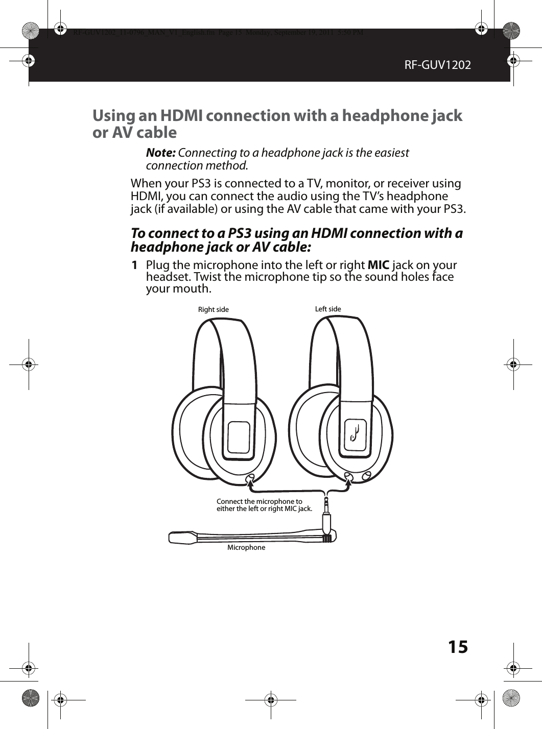 15RF-GUV1202Using an HDMI connection with a headphone jack or AV cableNote: Connecting to a headphone jack is the easiest connection method.When your PS3 is connected to a TV, monitor, or receiver using HDMI, you can connect the audio using the TV’s headphone jack (if available) or using the AV cable that came with your PS3.To connect to a PS3 using an HDMI connection with a headphone jack or AV cable:1Plug the microphone into the left or right MIC jack on your headset. Twist the microphone tip so the sound holes face your mouth.MicrophoneLeft sideRight sideConnect the microphone to either the left or right MIC jack.RF-GUV1202_11-0796_MAN_V1_English.fm  Page 15  Monday, September 19, 2011  5:50 PM