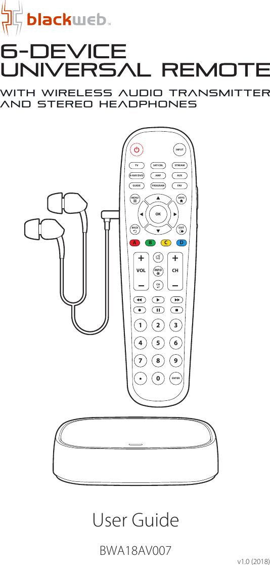 6-DeviceUser Guidev1.0 (2018)BWA18AV007with wireless audio transmitterand stereo headphonesAMPPROGRAMAUXINPUTFAVENTER1234567 809+ +CHSAT/CBL STREAMTVBRAY/DVDGUIDEVOL CHMENUBACKAPPSEXITOKA B C DINFO