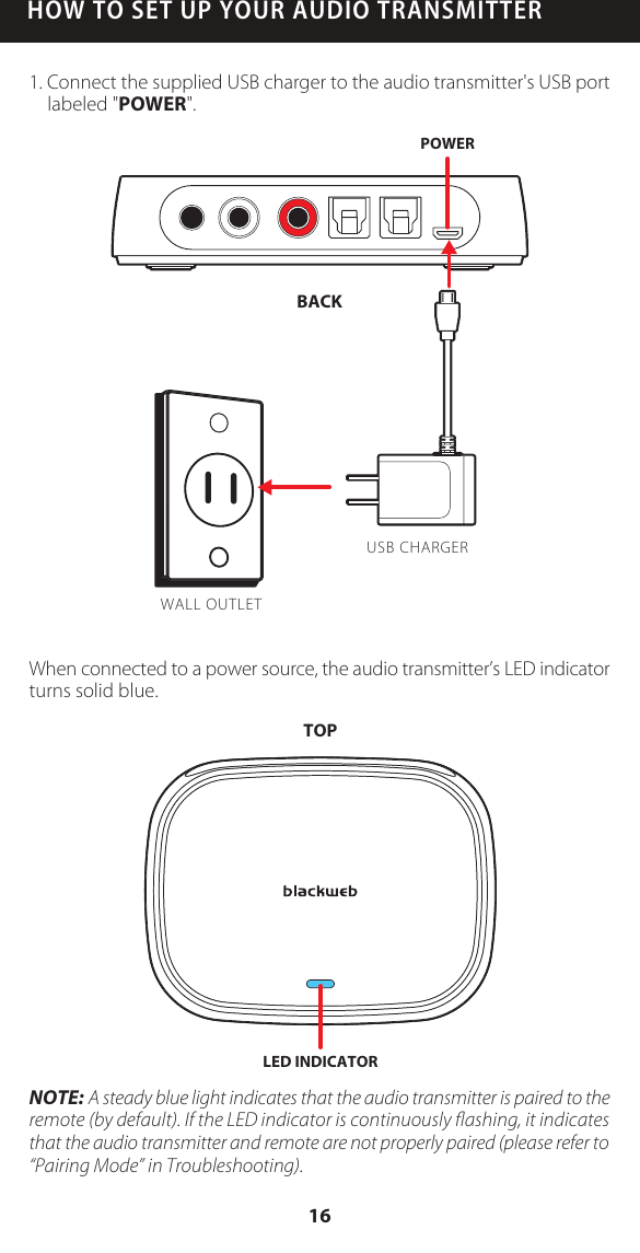 HOW TO SET UP YOUR AUDIO TRANSMITTER1. Connect the supplied USB charger to the audio transmitter's USB port labeled "POWER".When connected to a power source, the audio transmitter&rsquo;s LED indicator turns solid blue.NOTE: A steady blue light indicates that the audio transmitter is paired to the remote (by default). If the LED indicator is continuously ﬂashing, it indicates that the audio transmitter and remote are not properly paired (please refer to &ldquo;Pairing Mode&rdquo; in Troubleshooting).LED INDICATORTOPWALL OUTLETUSB CHARGERPOWERBACK16
