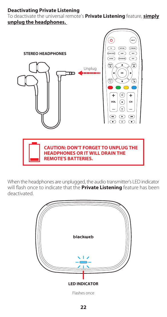 Deactivating Private ListeningTo deactivate the universal remote's Private Listening feature, simply unplug the headphones.  When the headphones are unplugged, the audio transmitter&rsquo;s LED indicator will ﬂash once to indicate that the Private Listening feature has been deactivated.CAUTION: DON&rsquo;T FORGET TO UNPLUG THE HEADPHONES OR IT WILL DRAIN THE REMOTE'S BATTERIES.LED INDICATORFlashes onceUnplugAMPPROGRAMAUXINPUTFAVENTER1234567 809+ +CHSAT/CBL STREAMTVBRAY/DVDGUIDEVOL CHMENUBACKAPPSEXITOKSTEREO HEADPHONES22