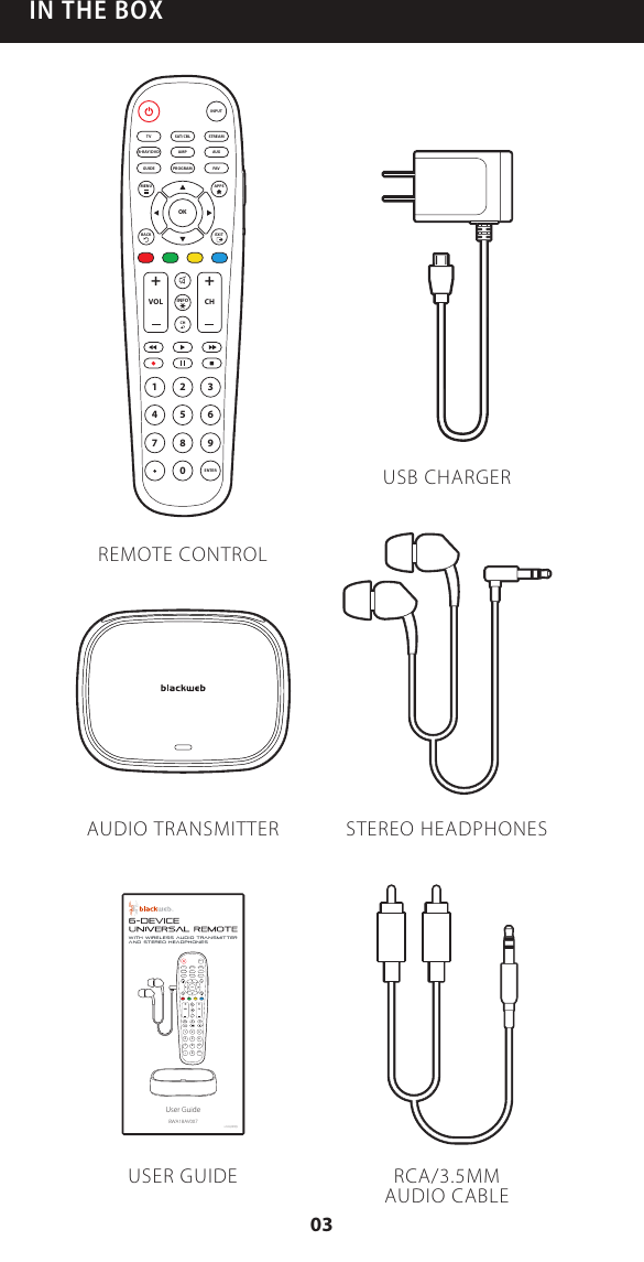 IN THE BOXAMPPROGRAMAUXINPUTFAVENTER1234567 809+ +CHSAT/CBL STREAMTVBRAY/DVDGUIDEVOL CHMENUBACKAPPSEXITOKREMOTE CONTROLAUDIO TRANSMITTERUSER GUIDE RCA/3.5MMAUDIO CABLESTEREO HEADPHONESUSB CHARGER6-DeviceUser Guidev1.0 (2018)BWA18AV007with wireless audio transmitterand stereo headphonesAMPPROGRAMAUXINPUTFAVENTER1234567 809+ +CHSAT/CBL STREAMTVBRAY/DVDGUIDEVOL CHMENUBACKAPPSEXITOKA B C DINFO03