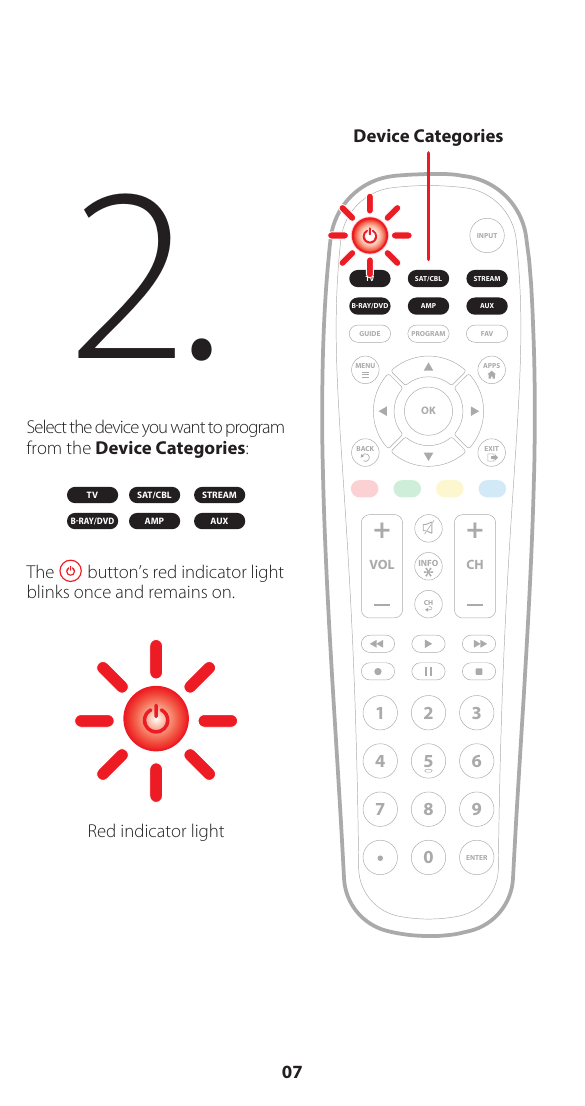 Select the device you want to program from the Device Categories:The        button&rsquo;s red indicator light blinks once and remains on.2. TV SAT/CBL STREAMBRAY/DVD AMP AUXAMP AUXSAT/CBL STREAMTVBRAY/DVDINPUTFAVENTER1234567 809+ +CHGUIDEVOL CHMENUBACKAPPSEXITOKPROGRAMDevice CategoriesRed indicator lightINFO07