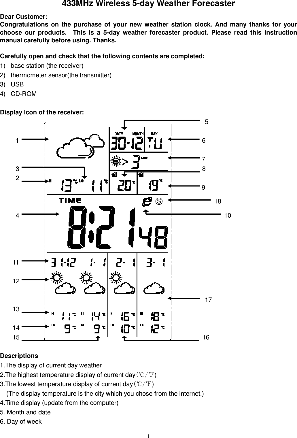   1 433MHz Wireless 5-day Weather Forecaster Dear Customer:   Congratulations  on  the  purchase  of  your  new  weather  station  clock.  And  many  thanks  for  your choose  our  products.    This  is  a  5-day  weather  forecaster  product.  Please  read  this  instruction manual carefully before using. Thanks.  Carefully open and check that the following contents are completed: 1)  base station (the receiver) 2)  thermometer sensor(the transmitter) 3)  USB   4)  CD-ROM  Display Icon of the receiver:                                                                                                                                   5  1                                                                                                                    6                                                                                                                                  7           3                                                                                                                    8      2                                                                                                                                 9                                                  ○S                 18           4                                                                                                                                  10         11      12                                                                                                                                    17     13      14         15                                                                                                                    16  Descriptions 1.The display of current day weather   2.The highest temperature display of current day(℃/℉)     3.The lowest temperature display of current day(℃/℉) (The display temperature is the city which you chose from the internet.) 4.Time display (update from the computer) 5. Month and date 6. Day of week   