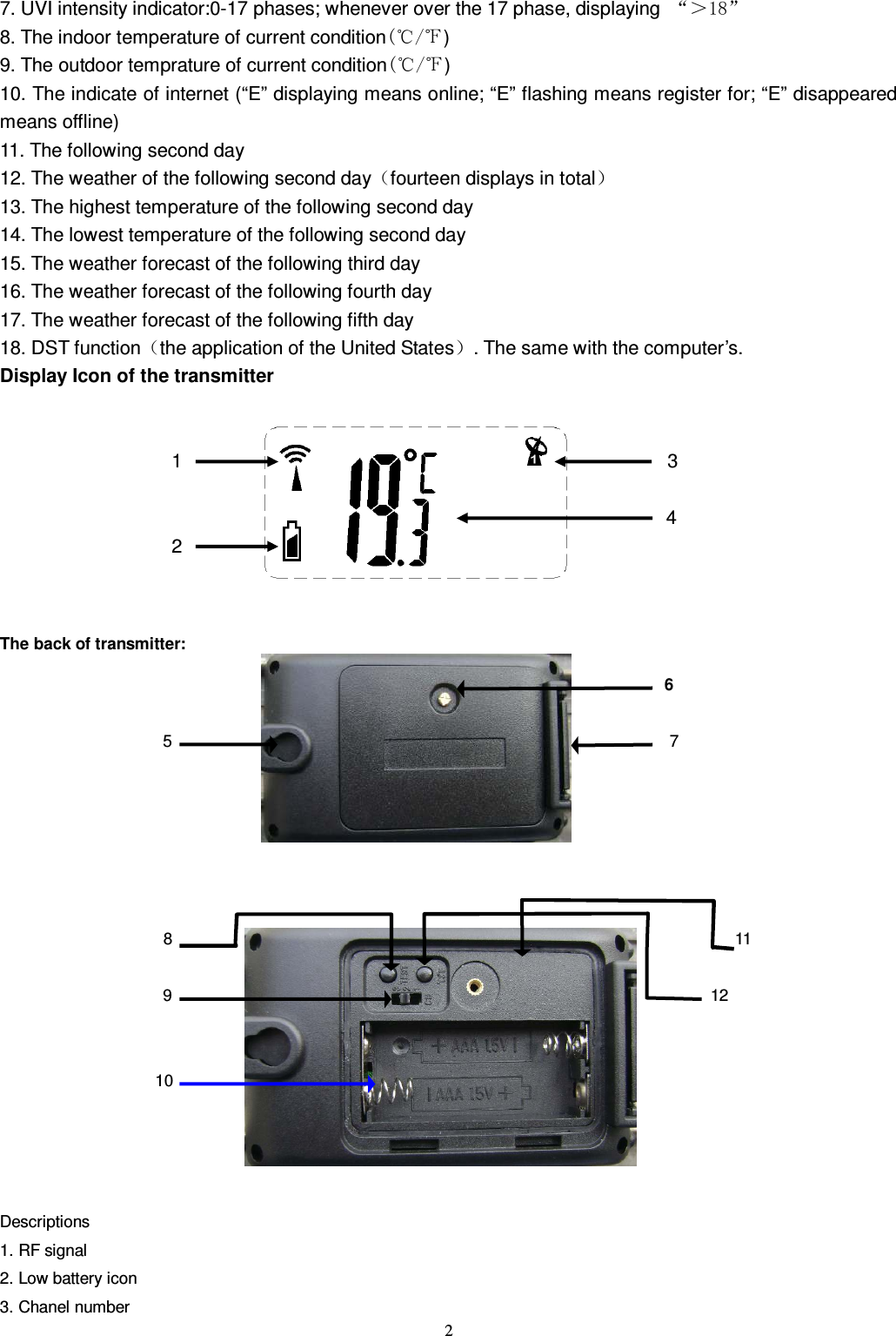   2 7. UVI intensity indicator:0-17 phases; whenever over the 17 phase, displaying “＞18” 8. The indoor temperature of current condition(℃/℉)     9. The outdoor temprature of current condition(℃/℉)     10. The indicate of internet (“E” displaying means online; “E” flashing means register for; “E” disappeared means offline) 11. The following second day 12. The weather of the following second day（fourteen displays in total） 13. The highest temperature of the following second day 14. The lowest temperature of the following second day   15. The weather forecast of the following third day 16. The weather forecast of the following fourth day 17. The weather forecast of the following fifth day 18. DST function（the application of the United States）. The same with the computer’s. Display Icon of the transmitter                                         1                                                                                                      3                                                                                                                                              4                   2   The back of transmitter:                                                                                                                                                                       6  5                                                             7                           8                                                                     11  9                                                                  12                                                                                                           10     Descriptions 1. RF signal   2. Low battery icon 3. Chanel number 