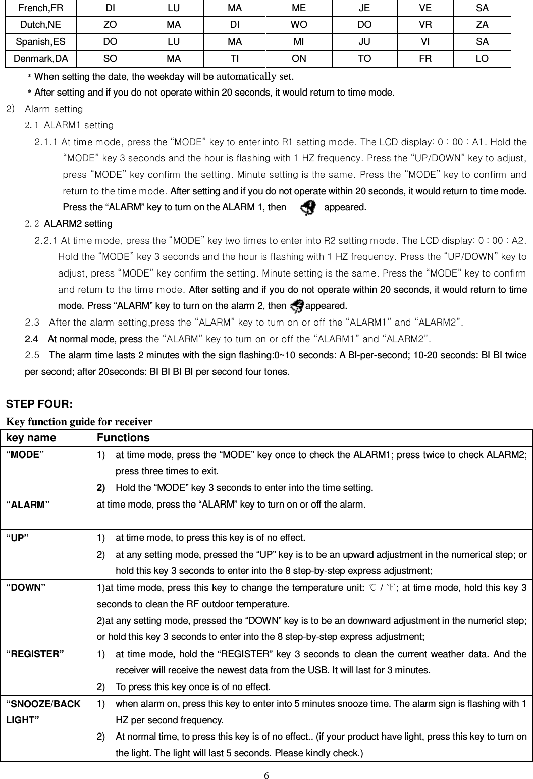   6 French,FR  DI  LU  MA  ME  JE  VE  SA Dutch,NE  ZO  MA  DI  WO  DO  VR  ZA Spanish,ES  DO  LU  MA  MI  JU  VI  SA Denmark,DA SO  MA  TI  ON  TO  FR  LO ﹡When setting the date, the weekday will be automatically set.  ﹡After setting and if you do not operate within 20 seconds, it would return to time mode.         2) Alarm setting 2.1 ALARM1 setting 2.1.1 At time mode, press the “MODE” key to enter into R1 setting mode. The LCD display: 0 : 00 : A1. Hold the “MODE” key 3 seconds and the hour is flashing with 1 HZ frequency. Press the “UP/DOWN” key to adjust, press “MODE” key confirm the setting. Minute setting is the same. Press the “MODE” key to confirm and return to the time mode. After setting and if you do not operate within 20 seconds, it would return to time mode. Press the “ALARM” key to turn on the ALARM 1, then                appeared.   2.2 ALARM2 setting 2.2.1 At time mode, press the “MODE” key two times to enter into R2 setting mode. The LCD display: 0 : 00 : A2. Hold the “MODE” key 3 seconds and the hour is flashing with 1 HZ frequency. Press the “UP/DOWN” key to adjust, press “MODE” key confirm the setting. Minute setting is the same. Press the “MODE” key to confirm and return to the time mode. After setting and if you do not operate within 20 seconds, it would return to time mode. Press “ALARM” key to turn on the alarm 2, then        appeared.   2.3    After the alarm setting,press the “ALARM” key to turn on or off the “ALARM1” and “ALARM2”.   2.4    At normal mode, press the “ALARM” key to turn on or off the “ALARM1” and “ALARM2”.   2.5    The alarm time lasts 2 minutes with the sign flashing:0~10 seconds: A BI-per-second; 10-20 seconds: BI BI twice per second; after 20seconds: BI BI BI BI per second four tones.  STEP FOUR: Key function guide for receiver key name  Functions   “MODE” 1)  at time mode, press the “MODE” key once to check the ALARM1; press twice to check ALARM2; press three times to exit.   2)  Hold the “MODE” key 3 seconds to enter into the time setting.   “ALARM” at time mode, press the “ALARM” key to turn on or off the alarm.  “UP” 1)  at time mode, to press this key is of no effect. 2)  at any setting mode, pressed the “UP” key is to be an upward adjustment in the numerical step; or hold this key 3 seconds to enter into the 8 step-by-step express adjustment; “DOWN” 1)at time mode, press this key to change the temperature unit:   /  ;   at time mode, hold this key 3 seconds to clean the RF outdoor temperature.   2)at any setting mode, pressed the “DOWN” key is to be an downward adjustment in the numericl step; or hold this key 3 seconds to enter into the 8 step-by-step express adjustment; “REGISTER” 1)  at time mode,  hold the “REGISTER” key  3 seconds  to  clean the  current  weather  data. And  the receiver will receive the newest data from the USB. It will last for 3 minutes.   2)  To press this key once is of no effect.   “SNOOZE/BACK LIGHT” 1)  when alarm on, press this key to enter into 5 minutes snooze time. The alarm sign is flashing with 1 HZ per second frequency.   2)  At normal time, to press this key is of no effect.. (if your product have light, press this key to turn on the light. The light will last 5 seconds. Please kindly check.) 