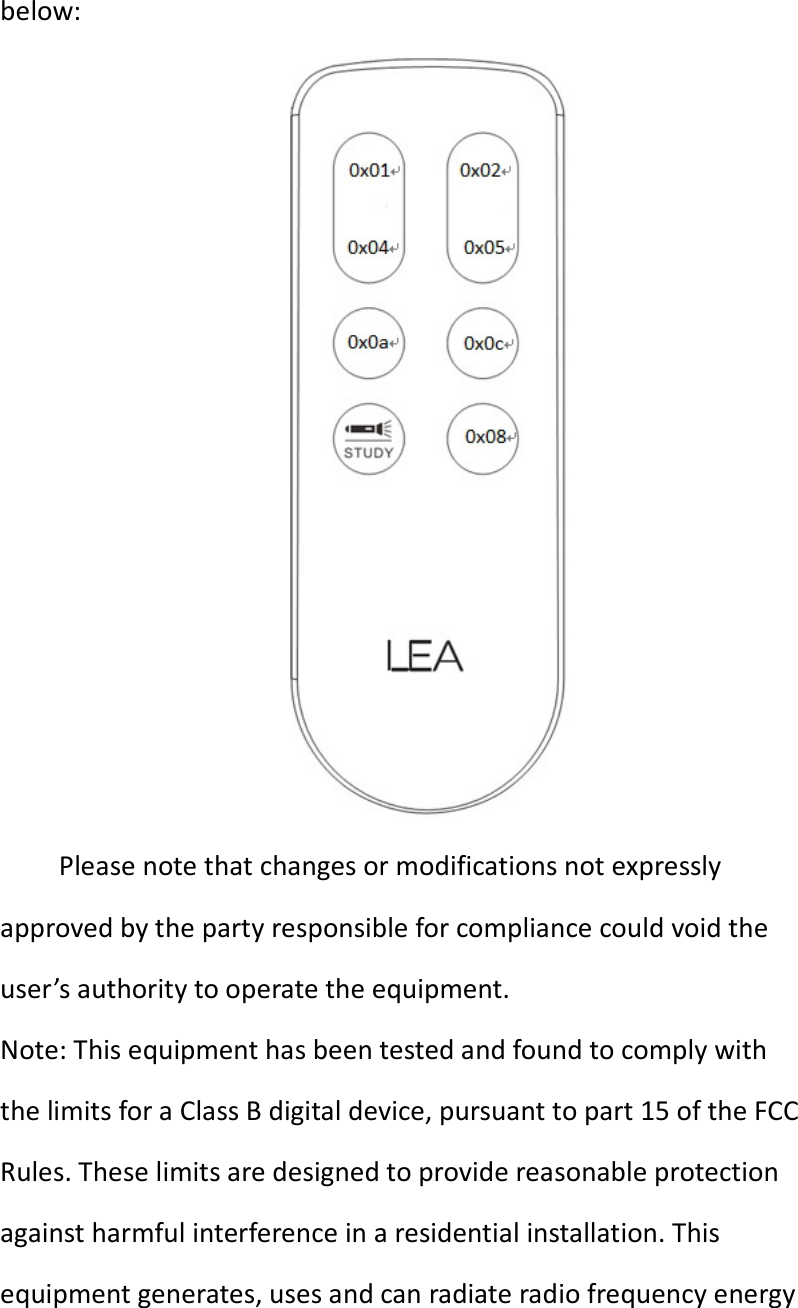below:  Please note that changes or modifications not expressly approved by the party responsible for compliance could void the user’s authority to operate the equipment. Note: This equipment has been tested and found to comply with the limits for a Class B digital device, pursuant to part 15 of the FCC Rules. These limits are designed to provide reasonable protection against harmful interference in a residential installation. This equipment generates, uses and can radiate radio frequency energy 