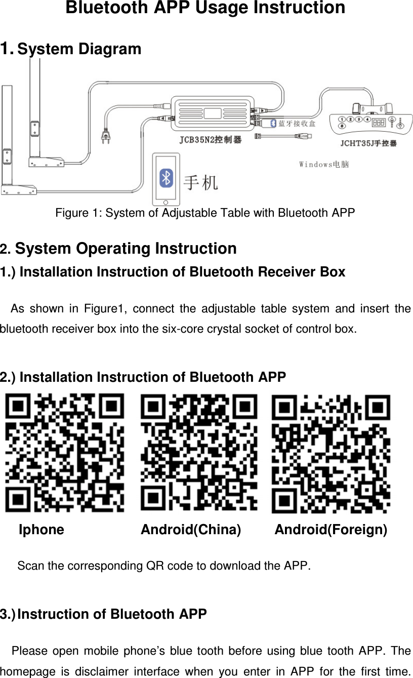 Bluetooth APP Usage Instruction   1. System Diagram  Figure 1: System of Adjustable Table with Bluetooth APP  2. System Operating Instruction 1.) Installation Instruction of Bluetooth Receiver Box  As  shown  in  Figure1,  connect  the  adjustable  table  system  and  insert  the bluetooth receiver box into the six-core crystal socket of control box.  2.) Installation Instruction of Bluetooth APP            Iphone                    Android(China)          Android(Foreign)            Scan the corresponding QR code to download the APP.   3.) Instruction of Bluetooth APP  Please  open  mobile  phone’s  blue  tooth  before  using  blue  tooth  APP.  The homepage  is  disclaimer  interface  when  you  enter  in  APP  for  the  first  time. 
