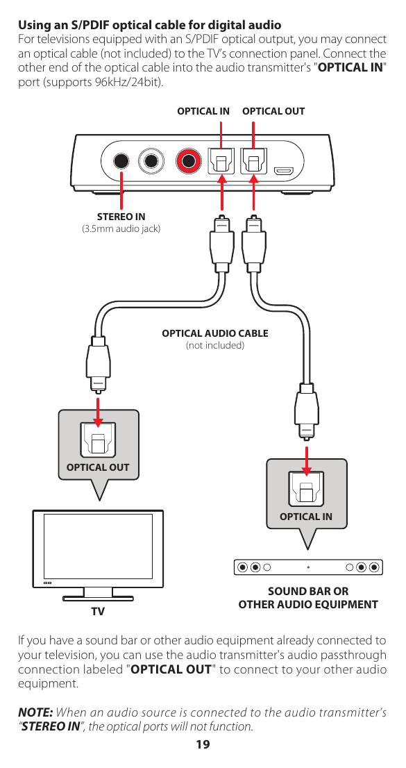 Using an S/PDIF optical cable for digital audioFor televisions equipped with an S/PDIF optical output, you may connect an optical cable (not included) to the TV&rsquo;s connection panel. Connect the other end of the optical cable into the audio transmitter's "OPTICAL IN" port (supports 96kHz/24bit).If you have a sound bar or other audio equipment already connected to your television, you can use the audio transmitter's audio passthrough connection labeled "OPTICAL OUT" to connect to your other audio equipment.NOTE: When an audio source is connected to the audio transmitter&rsquo;s &ldquo;STEREO IN&rdquo;, the optical ports will not function.OPTICAL IN OPTICAL OUTOPTICAL AUDIO CABLE(not included)STEREO IN(3.5mm audio jack)TVSOUND BAR OROTHER AUDIO EQUIPMENTOPTICAL INOPTICAL OUT19
