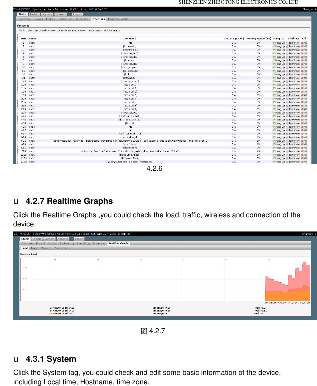                                                                 SHENZHEN ZHIBOTONG ELECTRONICS CO.,LTD                                                                                            4.2.6  u 4.2.7 Realtime Graphs Click the Realtime Graphs ,you could check the load, traffic, wireless and connection of the device.  图4.2.7  u 4.3.1 System Click the System tag, you could check and edit some basic information of the device,  including Local time, Hostname, time zone. 