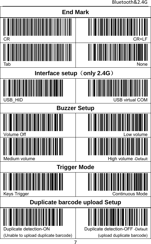 Bluetooth&amp;2.4G 7End Mark   CR  CR+LFTab  None  Interface setup（only 2.4G）  USB_HID  USB virtual COMBuzzer Setup  Volume Off  Low volume Medium volume  High volume -DefaultTrigger Mode  Keys Trigger  Continuous ModeDuplicate barcode upload Setup    Duplicate detection-ON   (Unable to upload duplicate barcode)Duplicate detection-OFF -Default(upload duplicate barcode)