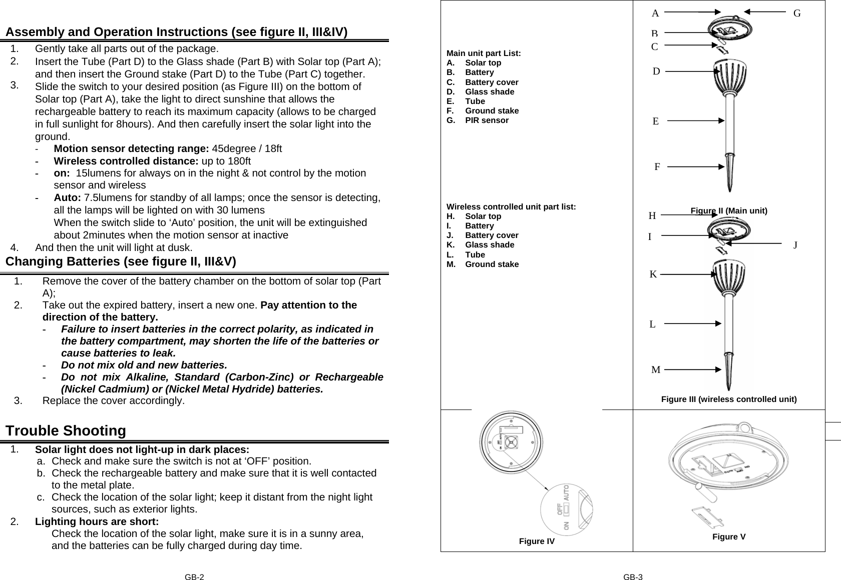   Assembly and Operation Instructions (see figure II, III&amp;IV) 1.  Gently take all parts out of the package. 2.  3. Insert the Tube (Part D) to the Glass shade (Part B) with Solar top (Part A); and then insert the Ground stake (Part D) to the Tube (Part C) together. Slide the switch to your desired position (as Figure III) on the bottom of Solar top (Part A), take the light to direct sunshine that allows the rechargeable battery to reach its maximum capacity (allows to be charged in full sunlight for 8hours). And then carefully insert the solar light into the ground.  ‐ Motion sensor detecting range: 45degree / 18ft -  Wireless controlled distance: up to 180ft - on:  15lumens for always on in the night &amp; not control by the motion sensor and wireless - Auto: 7.5lumens for standby of all lamps; once the sensor is detecting, all the lamps will be lighted on with 30 lumens When the switch slide to ‘Auto’ position, the unit will be extinguished about 2minutes when the motion sensor at inactive 4.  And then the unit will light at dusk. Changing Batteries (see figure II, III&amp;V) 1.  2.        3. Remove the cover of the battery chamber on the bottom of solar top (Part A);  Take out the expired battery, insert a new one. Pay attention to the direction of the battery. - Failure to insert batteries in the correct polarity, as indicated in the battery compartment, may shorten the life of the batteries or cause batteries to leak. - Do not mix old and new batteries. - Do not mix Alkaline, Standard (Carbon-Zinc) or Rechargeable (Nickel Cadmium) or (Nickel Metal Hydride) batteries. Replace the cover accordingly.      Main unit part List: A. Solar top B. Battery C. Battery cover D. Glass shade E. Tube  F. Ground stake G. PIR sensor         Wireless controlled unit part list: H. Solar top I. Battery J. Battery cover K. Glass shade L. Tube  M. Ground stake    Figure II (Main unit)  Figure III (wireless controlled unit)   Trouble Shooting   1.  Solar light does not light-up in dark places: a.  Check and make sure the switch is not at ‘OFF’ position.  b.  Check the rechargeable battery and make sure that it is well contacted to the metal plate. c.  Check the location of the solar light; keep it distant from the night light sources, such as exterior lights. 2.  Lighting hours are short: Check the location of the solar light, make sure it is in a sunny area, and the batteries can be fully charged during day time.   Figure IV   Figure V GB-2  GB-3 ABDEFG HIKLMCJ 