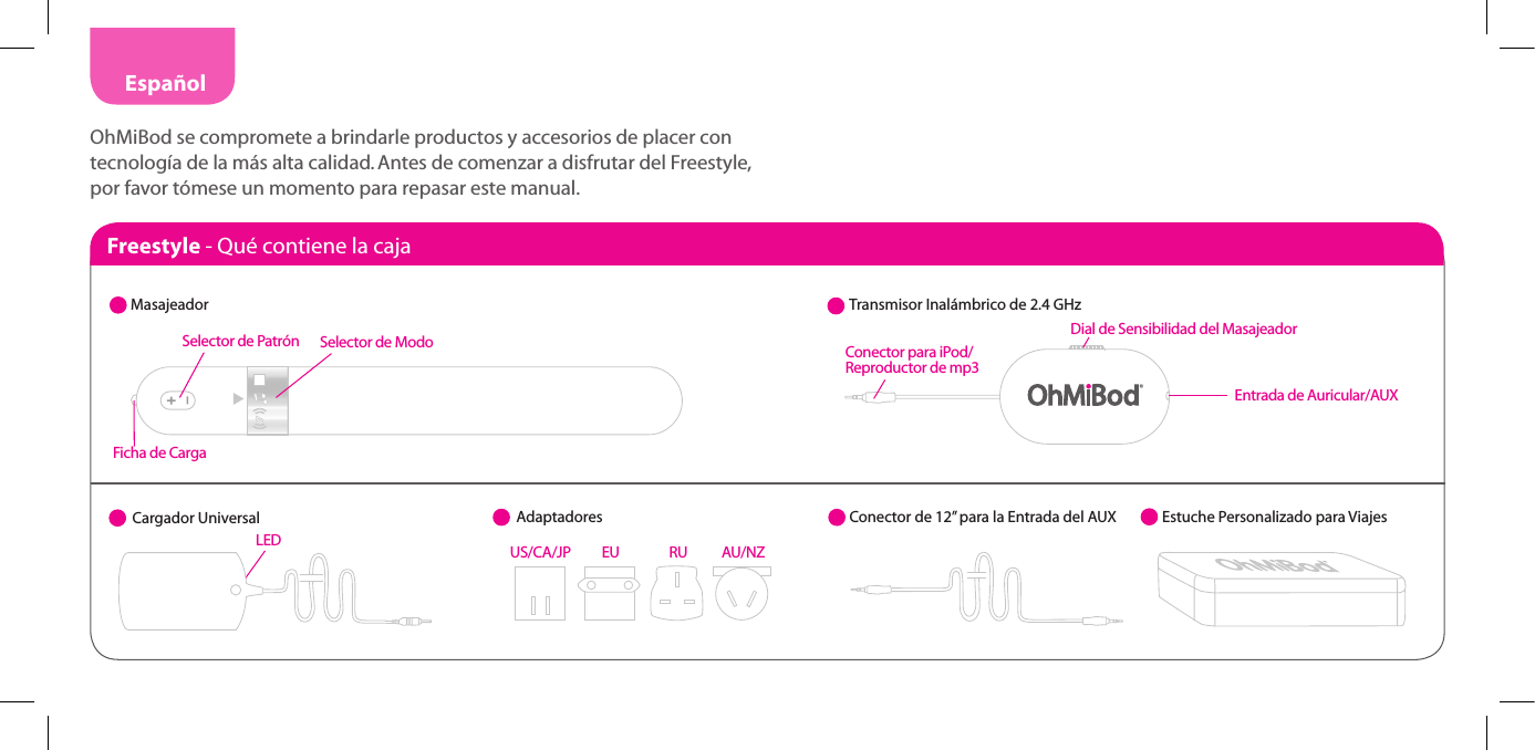 Espa&ntilde;olOhMiBod se compromete a brindarle productos y accesorios de placer con tecnolog&iacute;a de la m&aacute;s alta calidad. Antes de comenzar a disfrutar del Freestyle, por favor t&oacute;mese un momento para repasar este manual.Freestyle - Qu&eacute; contiene la cajaMasajeadorSelector de Patr&oacute;n Selector de ModoTransmisor Inal&aacute;mbrico de 2.4 GHzDial de Sensibilidad del MasajeadorConector para iPod/Reproductor de mp3Entrada de Auricular/AUXCargador Universal Adaptadores Conector de 12&rdquo; para la Entrada del AUX  Estuche Personalizado para ViajesLED US/CA/JP          EU                RU           AU/NZFicha de Carga