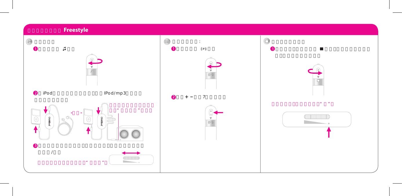 自由风尚使用说明 Freestyle人工程序方式:1  旋转端盖至        方式2  使用+  &ndash; 试用7种预定模式旅行及存放方式：1  不使用时，旋转端盖至      方式，即可完全关闭按摩      器。适用于旅行和存放。 无线发射器：转 动 刻 度 盘 至&ldquo; 关 &rdquo;位音乐方式：1  旋转端盖至      方式 2  将iPod和耳塞与发射器连接，并在IPod/mp3播放器上选择所需的音量。3  3  使用刻度盘打开发射器。调节刻度盘，控制按摩器的音乐    敏感度/强度 -或者-将发射器与扬声器或音响上 的&ldquo; 外 接 音 频 &rdquo;连 接 。 找到音乐和按摩节奏一致的&ldquo;甜蜜点&rdquo;。