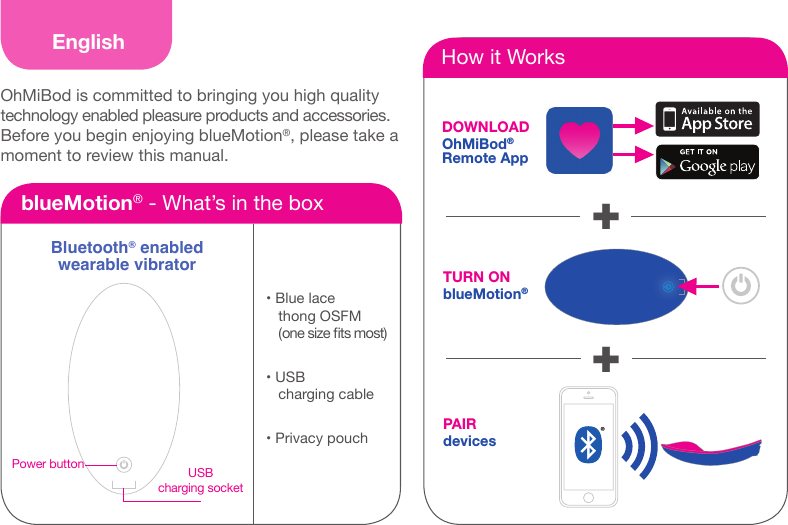 EnglishOhMiBod is committed to bringing you high quality  technology enabled pleasure products and accessories. Before you begin enjoying blueMotion&reg;, please take a moment to review this manual.How it WorksDOWNLOAD OhMiBod&reg; Remote AppTURN ON  blueMotion&reg;PAIRdevices++blueMotion&reg; - What&rsquo;s in the boxBluetooth&reg; enabled wearable vibratorPower button USB charging socket&bull; Blue lace thong OSFM  (one size ts most)&bull; USB charging cable&bull; Privacy pouch
