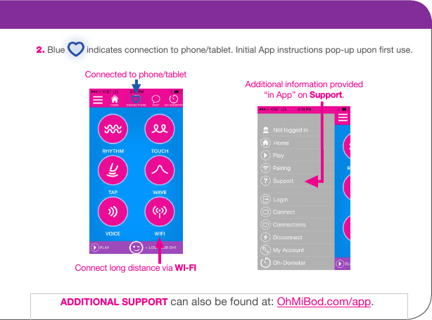 2. Blue   indicates connection to phone/tablet. Initial App instructions pop-up upon rst use. Connected to phone/tabletConnect long distance via WI-FIAdditional information provided &ldquo;in App&rdquo; on Support.ADDITIONAL SUPPORT can also be found at: OhMiBod.com/app. 
