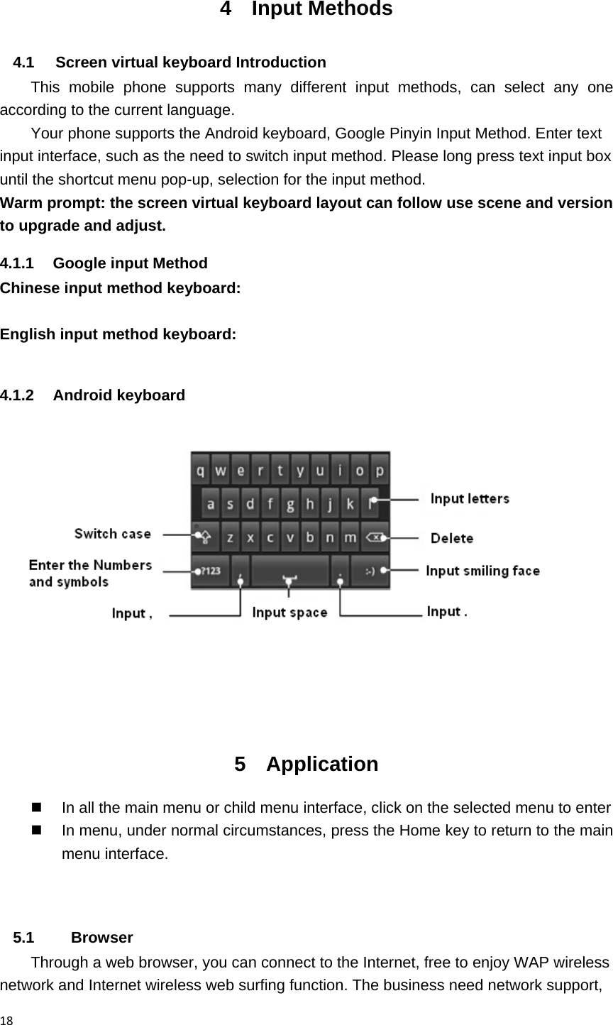 184 Input Methods 4.1  Screen virtual keyboard Introduction This mobile phone supports many different input methods, can select any one according to the current language.   Your phone supports the Android keyboard, Google Pinyin Input Method. Enter text input interface, such as the need to switch input method. Please long press text input box until the shortcut menu pop-up, selection for the input method. Warm prompt: the screen virtual keyboard layout can follow use scene and version to upgrade and adjust. 4.1.1  Google input Method Chinese input method keyboard:  English input method keyboard:  4.1.2 Android keyboard  5 Application    In all the main menu or child menu interface, click on the selected menu to enter   In menu, under normal circumstances, press the Home key to return to the main menu interface.       5.1    Browser Through a web browser, you can connect to the Internet, free to enjoy WAP wireless network and Internet wireless web surfing function. The business need network support, 