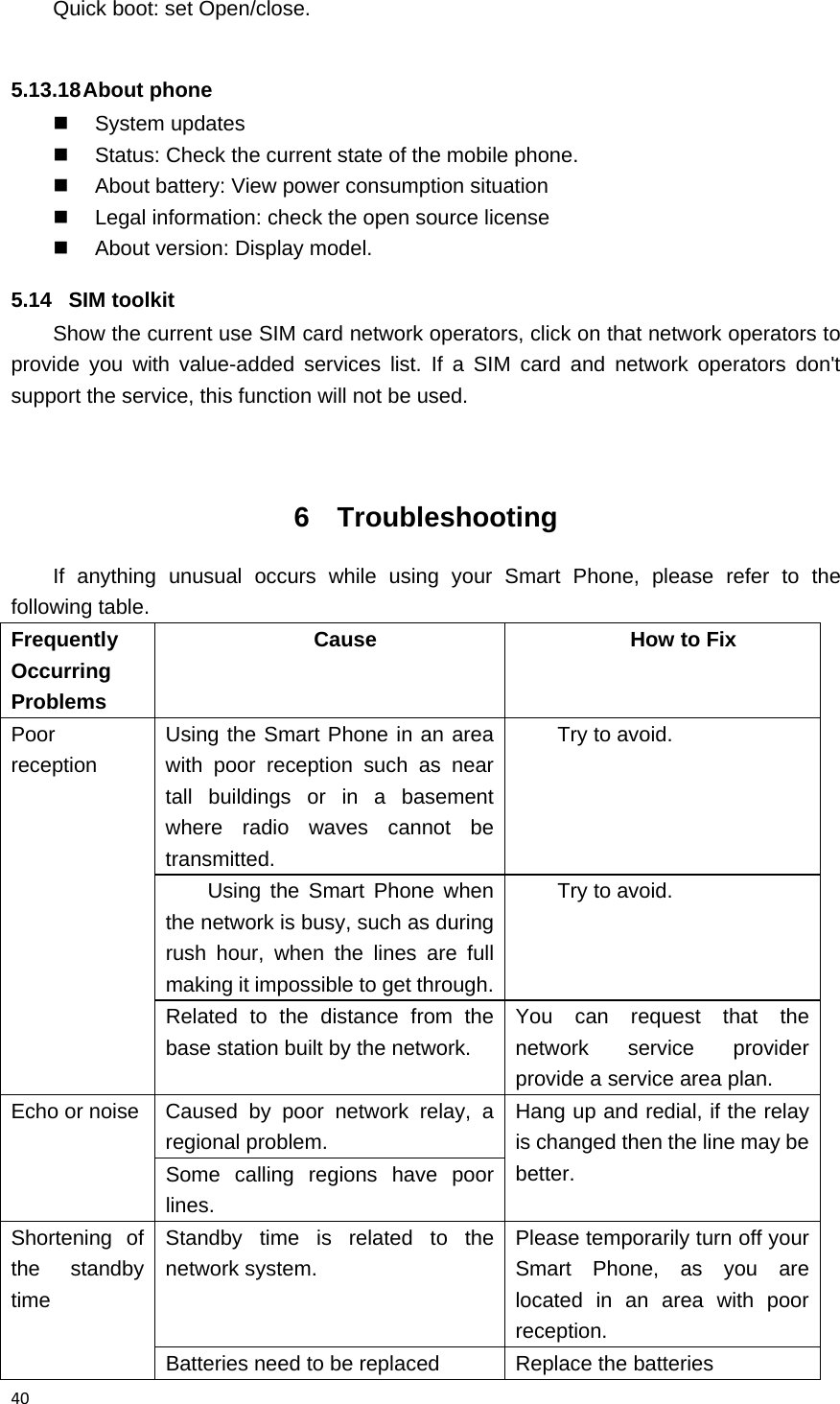 40Quick boot: set Open/close.  5.13.18 About  phone  System updates   Status: Check the current state of the mobile phone.   About battery: View power consumption situation   Legal information: check the open source license   About version: Display model. 5.14 SIM toolkit Show the current use SIM card network operators, click on that network operators to provide you with value-added services list. If a SIM card and network operators don't support the service, this function will not be used.   6 Troubleshooting If anything unusual occurs while using your Smart Phone, please refer to the following table. Frequently Occurring Problems Cause How to Fix Poor reception Using the Smart Phone in an area with poor reception such as near tall buildings or in a basement where radio waves cannot be transmitted. Try to avoid. Using the Smart Phone when the network is busy, such as during rush hour, when the lines are full making it impossible to get through.Try to avoid. Related to the distance from the base station built by the network. You can request that the network service provider provide a service area plan. Echo or noise   Caused by poor network relay, a regional problem. Hang up and redial, if the relay is changed then the line may be better. Some calling regions have poor lines. Shortening of the standby time Standby time is related to the network system. Please temporarily turn off your Smart Phone, as you are located in an area with poor reception. Batteries need to be replaced Replace the batteries 