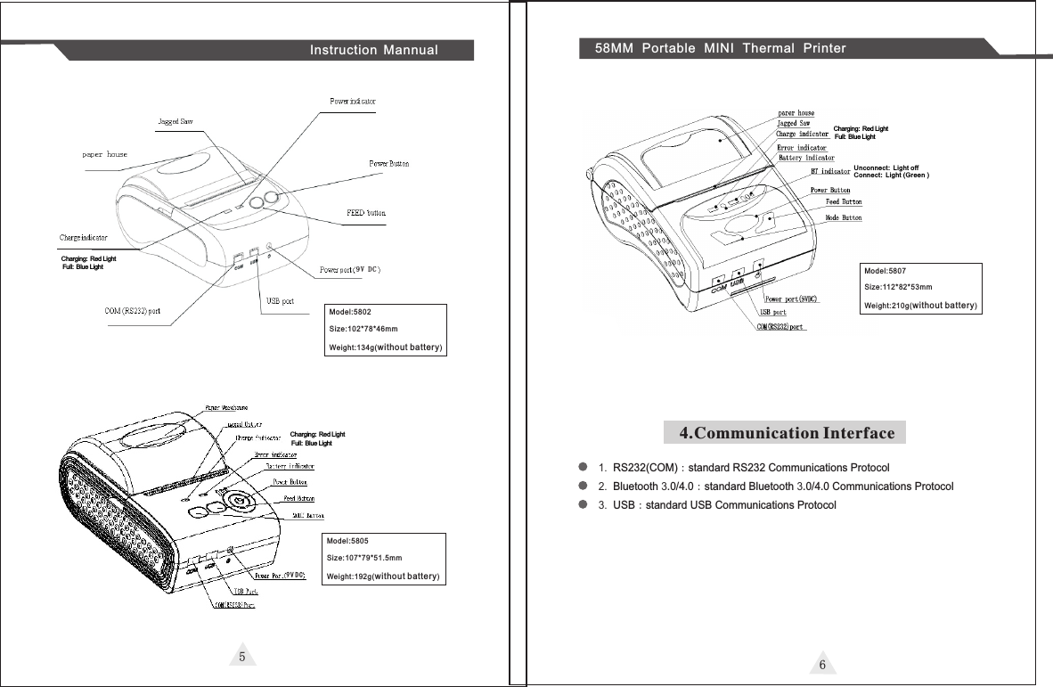 56Instruction Mannual 58MM Portable MINI Thermal Printer4.Communication Interface1. RS232(COM)：standard RS232 Communications Protocol 2. Bluetooth 3.0/4.0：standard Bluetooth 3.0/4.0 Communications Protocol3. USB：standard USB Communications Protocol  Model:5802Size:102*78*46mmWeight:134g(wi thout batter y)Charging: Red Light Full: Blue Light 9 V D CCharging: Red Light Full: Blue Light9 V D CModel:5805Size:107*79*51.5mmWeight:192g(wi thout batter y)Charging: Red Light Full: Blue LightUnconnect: Ligh t offConnect: Light (G re en )Model:5807Size:112* 82* 53m mWeight:210g(wi thout batter y)