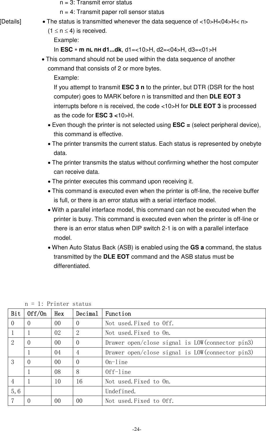  -24- n = 3: Transmit error status n = 4: Transmit paper roll sensor status [Details]              · The status is transmitted whenever the data sequence of &lt;10&gt;H&lt;04&gt;H&lt; n&gt; (1 £ n £ 4) is received. Example: In ESC * m nL nH d1...dk, d1=&lt;10&gt;H, d2=&lt;04&gt;H, d3=&lt;01&gt;H · This command should not be used within the data sequence of another command that consists of 2 or more bytes. Example: If you attempt to transmit ESC 3 n to the printer, but DTR (DSR for the host computer) goes to MARK before n is transmitted and then DLE EOT 3 interrupts before n is received, the code &lt;10&gt;H for DLE EOT 3 is processed as the code for ESC 3 &lt;10&gt;H. · Even though the printer is not selected using ESC = (select peripheral device), this command is effective. · The printer transmits the current status. Each status is represented by onebyte data. · The printer transmits the status without confirming whether the host computer can receive data. · The printer executes this command upon receiving it. · This command is executed even when the printer is off-line, the receive buffer is full, or there is an error status with a serial interface model. · With a parallel interface model, this command can not be executed when the printer is busy. This command is executed even when the printer is off-line or there is an error status when DIP switch 2-1 is on with a parallel interface model. · When Auto Status Back (ASB) is enabled using the GS a command, the status transmitted by the DLE EOT command and the ASB status must be differentiated.      n = 1: Printer status Bit Off/On Hex  Decimal Function 0  0  00  0  Not used.Fixed to Off. 1  1  02  2  Not used.Fixed to On. 0  00  0  Drawer open/close signal is LOW(connector pin3) 2 1  04  4  Drawer open/close signal is LOW(connector pin3) 0  00  0  On-line 3 1  08  8  Off-line 4  1  10  16  Not used.Fixed to On. 5,6       Undefined. 7  0  00  00  Not used.Fixed to Off.   
