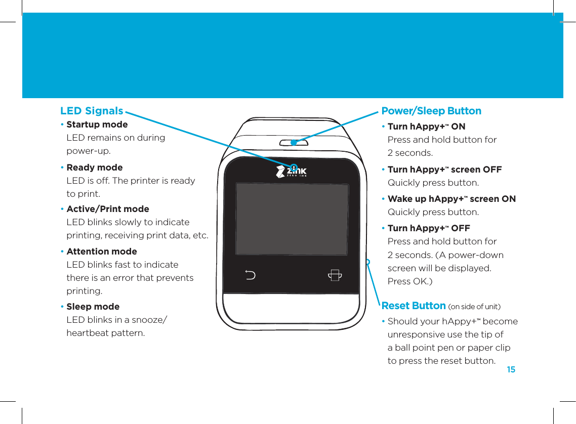 15Power/Sleep Button&bull;  Turn hAppy+&trade; ON Press and hold button for  2 seconds.&bull;  Turn hAppy+&trade; screen OFF Quickly press button.&bull;  Wake up hAppy+&trade; screen ON Quickly press button. &bull;  Turn hAppy+&trade; OFF Press and hold button for  2 seconds. (A power-down screen will be displayed.  Press OK.)Reset Button (on side of unit)&bull;  Should your hAppy+&trade; become unresponsive use the tip of  a ball point pen or paper clip to press the reset button.LED Signals&bull;  Startup mode  LED remains on during  power-up.&bull;  Ready mode  LED is off. The printer is ready  to print.&bull;  Active/Print mode  LED blinks slowly to indicate  printing, receiving print data, etc.&bull;  Attention mode  LED blinks fast to indicate  there is an error that prevents  printing.&bull;  Sleep mode LED blinks in a snooze/ heartbeat pattern.