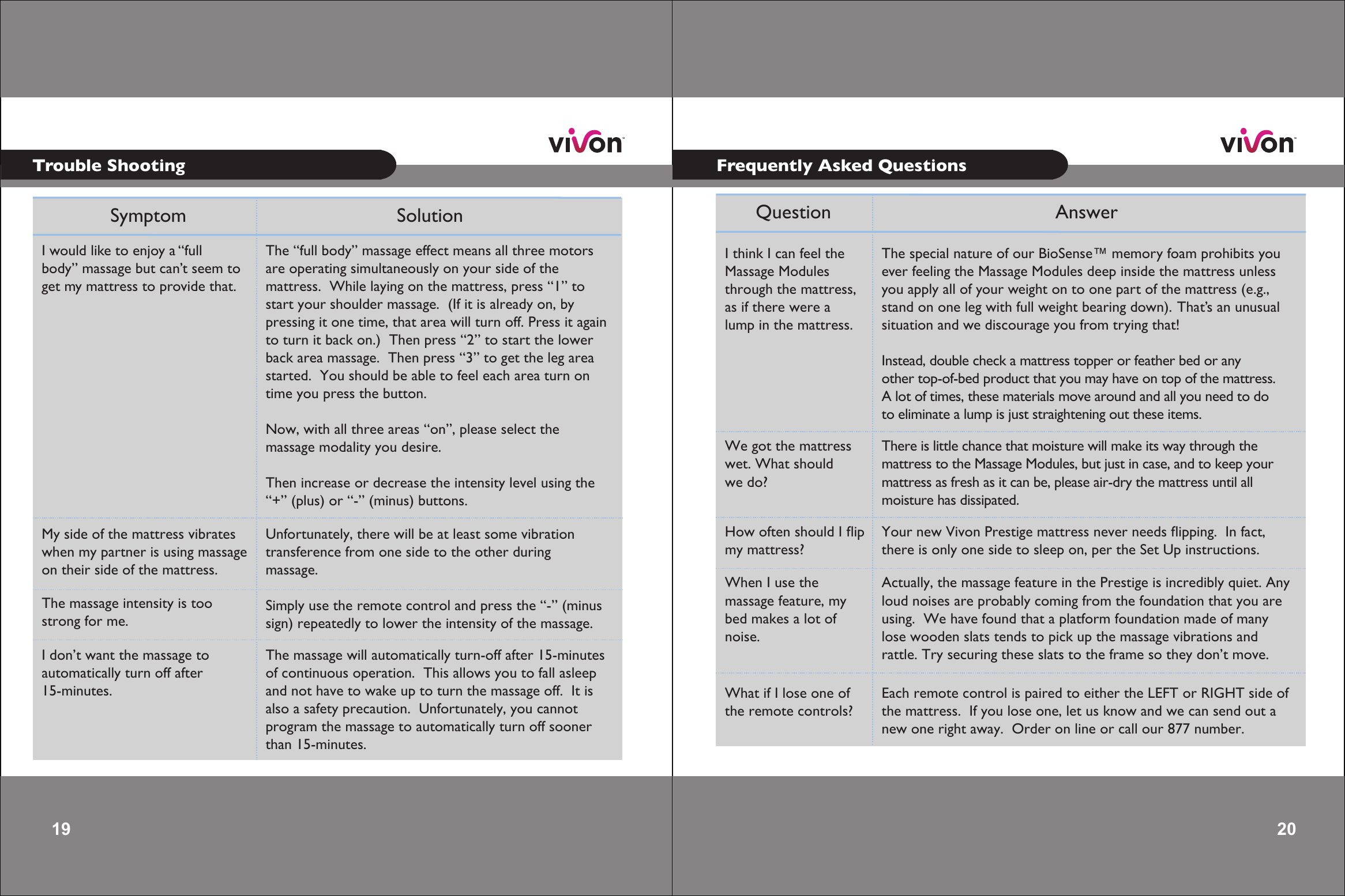 19 Symptom SolutionI would like to enjoy a “fullbody” massage but can’t seem to get my mattress to provide that. The “full body” massage effect means all three motorsare operating simultaneously on your side of themattress.  While laying on the mattress, press “1” tostart your shoulder massage.  (If it is already on, by pressing it one time, that area will turn off. Press it againto turn it back on.)  Then press “2” to start the lowerback area massage.  Then press “3” to get the leg areastarted.  You should be able to feel each area turn ontime you press the button.Now, with all three areas “on”, please select themassage modality you desire.Then increase or decrease the intensity level using the“+” (plus) or “-” (minus) buttons.  My side of the mattress vibrateswhen my partner is using massageon their side of the mattress. Unfortunately, there will be at least some vibrationtransference from one side to the other during massage. The massage intensity is toostrong for me. Simply use the remote control and press the “-” (minussign) repeatedly to lower the intensity of the massage. I don’t want the massage toautomatically turn off after15-minutes. The massage will automatically turn-off after 15-minutesof continuous operation.  This allows you to fall asleep and not have to wake up to turn the massage off.  It is also a safety precaution.  Unfortunately, you cannot program the massage to automatically turn off sooner than 15-minutes. 20 20 Question AnswerI think I can feel theMassage Modules through the mattress, as if there were a lump in the mattress. The special nature of our BioSense™ memory foam prohibits youever feeling the Massage Modules deep inside the mattress unlessyou apply all of your weight on to one part of the mattress (e.g.,stand on one leg with full weight bearing down).  That’s an unusualsituation and we discourage you from trying that!    Instead, double check a mattress topper or feather bed or anyother top-of-bed product that you may have on top of the mattress. A lot of times, these materials move around and all you need to do to eliminate a lump is just straightening out these items. We got the mattresswet. What should we do?  There is little chance that moisture will make its way through themattress to the Massage Modules, but just in case, and to keep your mattress as fresh as it can be, please air-dry the mattress until all moisture has dissipated. How often should I ﬂipmy mattress? Your new Vivon Prestige mattress never needs ﬂipping.  In fact,there is only one side to sleep on, per the Set Up instructions. When I use themassage feature, mybed makes a lot of noise. Actually, the massage feature in the Prestige is incredibly quiet. Anyloud noises are probably coming from the foundation that you are using.  We have found that a platform foundation made of many lose wooden slats tends to pick up the massage vibrations and rattle. Try securing these slats to the frame so they don’t move. What if I lose one of the remote controls?Each remote control is paired to either the LEFT or RIGHT side ofthe mattress.  If you lose one, let us know and we can send out a new one right away.  Order on line or call our 877 number. Trouble ShootingFrequently Asked Questions