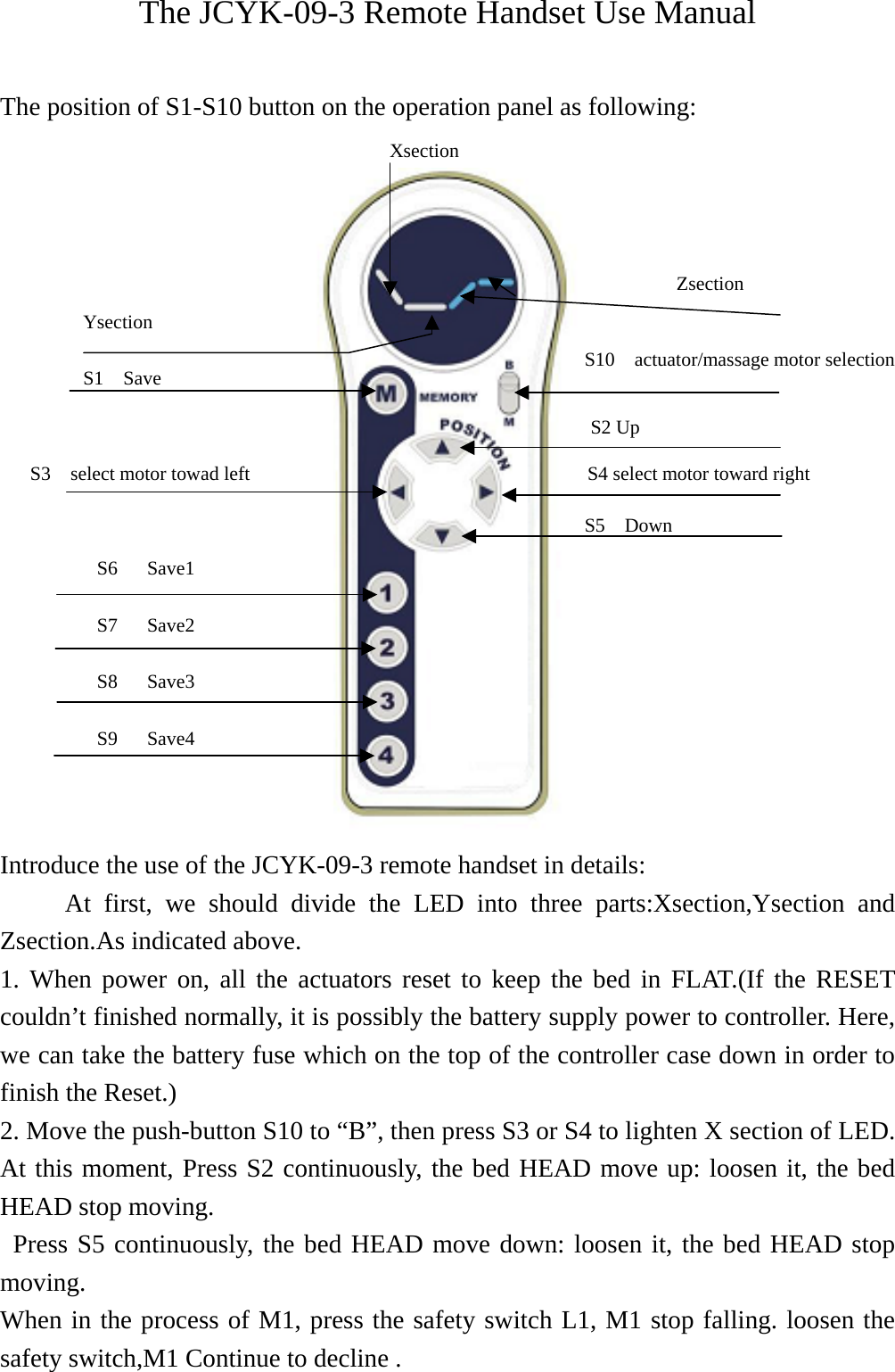  The JCYK-09-3 Remote Handset Use Manual  The position of S1-S10 button on the operation panel as following:   S1  Save Ysection Zsection Xsection S10  actuator/massage motor selection S2 Up S3    select motor towad left  S4 select motor toward right S5  Down S6   Save1 S7   Save2 S8   Save3 S9   Save4 Introduce the use of the JCYK-09-3 remote handset in details: At first, we should divide the LED into three parts:Xsection,Ysection and Zsection.As indicated above. 1. When power on, all the actuators reset to keep the bed in FLAT.(If the RESET couldn’t finished normally, it is possibly the battery supply power to controller. Here, we can take the battery fuse which on the top of the controller case down in order to finish the Reset.) 2. Move the push-button S10 to “B”, then press S3 or S4 to lighten X section of LED. At this moment, Press S2 continuously, the bed HEAD move up: loosen it, the bed HEAD stop moving.  Press S5 continuously, the bed HEAD move down: loosen it, the bed HEAD stop moving. When in the process of M1, press the safety switch L1, M1 stop falling. loosen the safety switch,M1 Continue to decline . 