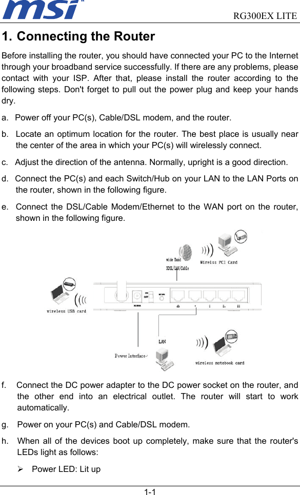                                RG300EX LITE   1-1 1. Connecting the Router Before installing the router, you should have connected your PC to the Internet through your broadband service successfully. If there are any problems, please contact with your ISP. After that, please install the router according to the following steps. Don&apos;t forget to pull out the power plug and keep your hands dry. a.  Power off your PC(s), Cable/DSL modem, and the router. b.  Locate an optimum location for the router. The best place is usually near the center of the area in which your PC(s) will wirelessly connect. c.  Adjust the direction of the antenna. Normally, upright is a good direction. d.  Connect the PC(s) and each Switch/Hub on your LAN to the LAN Ports on the router, shown in the following figure. e.  Connect the DSL/Cable Modem/Ethernet to the WAN port on the router, shown in the following figure.  f.  Connect the DC power adapter to the DC power socket on the router, and the other end into an electrical outlet. The router will start to work automatically. g.  Power on your PC(s) and Cable/DSL modem. h.  When all of the devices boot up completely, make sure that the router&apos;s LEDs light as follows: ¾  Power LED: Lit up 