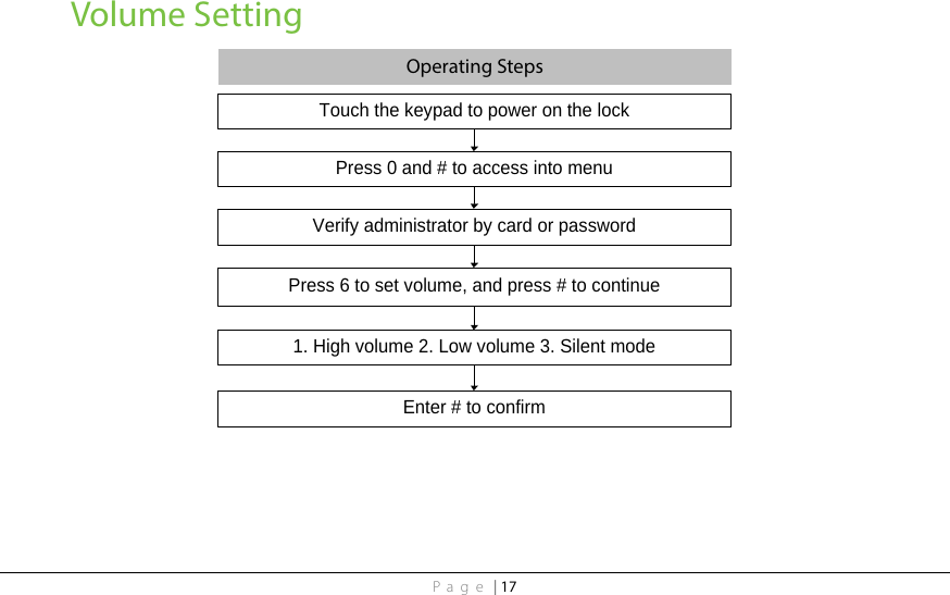 Page | 17 Volume Setting   Operating Steps Touch the keypad to power on the lockPress 0 and # to access into menu1. High volume 2. Low volume 3. Silent modeVerify administrator by card or passwordPress 6 to set volume, and press # to continueEnter # to confirm    