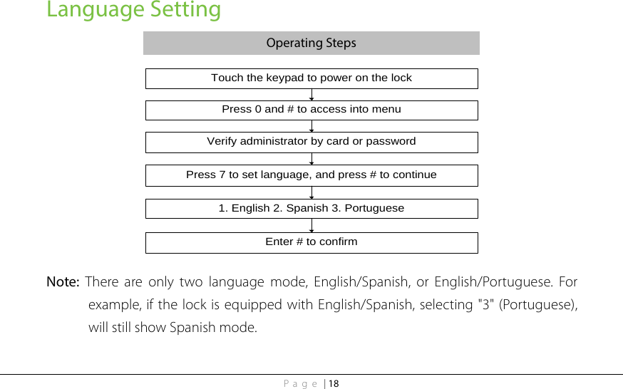 Page | 18 Language Setting Operating Steps Touch the keypad to power on the lockPress 0 and # to access into menu1. English 2. Spanish 3. PortugueseVerify administrator by card or passwordPress 7 to set language, and press # to continueEnter # to confirm   Note:  There are only two language mode, English/Spanish, or English/Portuguese.  For example, if the lock is equipped with English/Spanish, selecting &quot;3&quot; (Portuguese), will still show Spanish mode. 