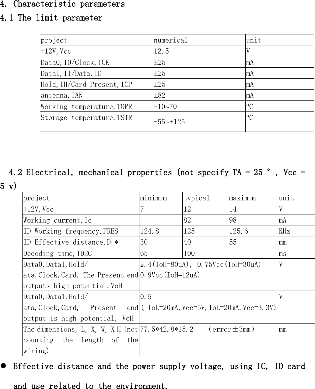  4. Characteristic parameters 4.1 The limit parameter  project numerical unit +12V,Vcc 12.5 V Data0,I0/Clock,ICK 25 mA Data1,I1/Data,ID     25 mA Hold,IH/Card Present,ICP 25 mA antenna,IAN 82 mA Working temperature,TOPR -1070 C Storage temperature,TSTR -55~+125 C     4.2 Electrical, mechanical properties (not specify TA = 25 °, Vcc = 5 v) project minimum typical maximum unit +12V,Vcc 7 12 14 V Working current,Ic    82 98 mA ID Working frequency,FRES 124.8 125 125.6 KHz ID Effective distance,D * 30 40 55 mm Decoding time,TDEC 65 100    ms Data0,Data1,Hold/ ata,Clock,Card, The Present end outputs high potential,VoH 2.4(IoH=80uA), 0.75Vcc(IoH=30uA) 0.9Vcc(IoH=12uA) V Data0,Data1,Hold/ ata,Clock,Card,  Present  end output is high potential, VoH 0.5 ( IoL=20mA,Vcc=5V,IoL=20mA,Vcc=3.3V) V The dimensions, L, X, W, X H (not counting  the  length  of  the wiring) 77.5*42.8*15.2   （error±3mm） mm  Effective distance and the power supply voltage, using IC, ID card and use related to the environment.      